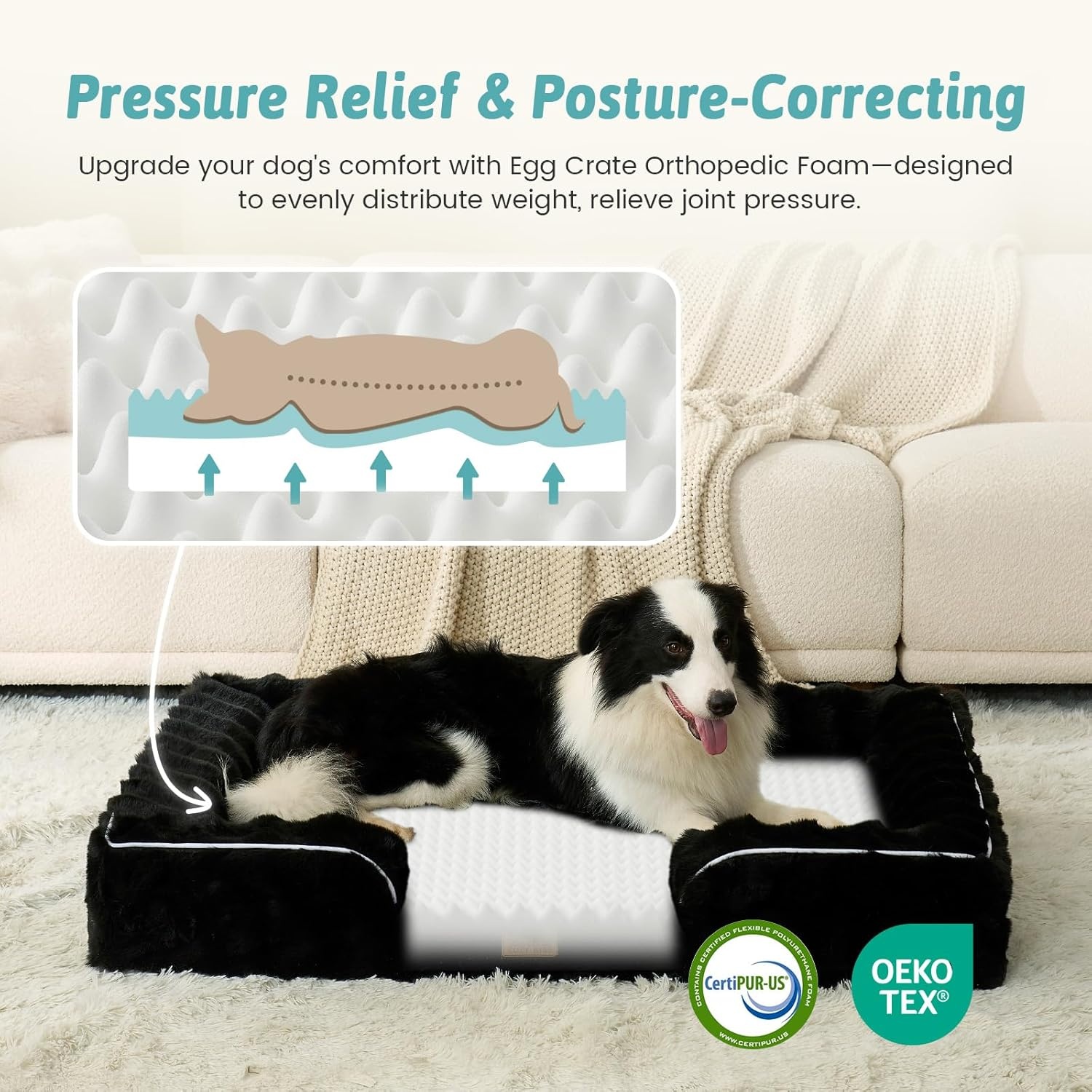 image:imageCOZY KISS Orthopedic Dog Bed for Extra Large Dog Soft and Warm Faux Fur Sofa for Giant Pet Up to 150 lbs Foam Bolster AntiSlip Couch with Washable Removable Cover XXL 48x35x8 inch BeigeBlack