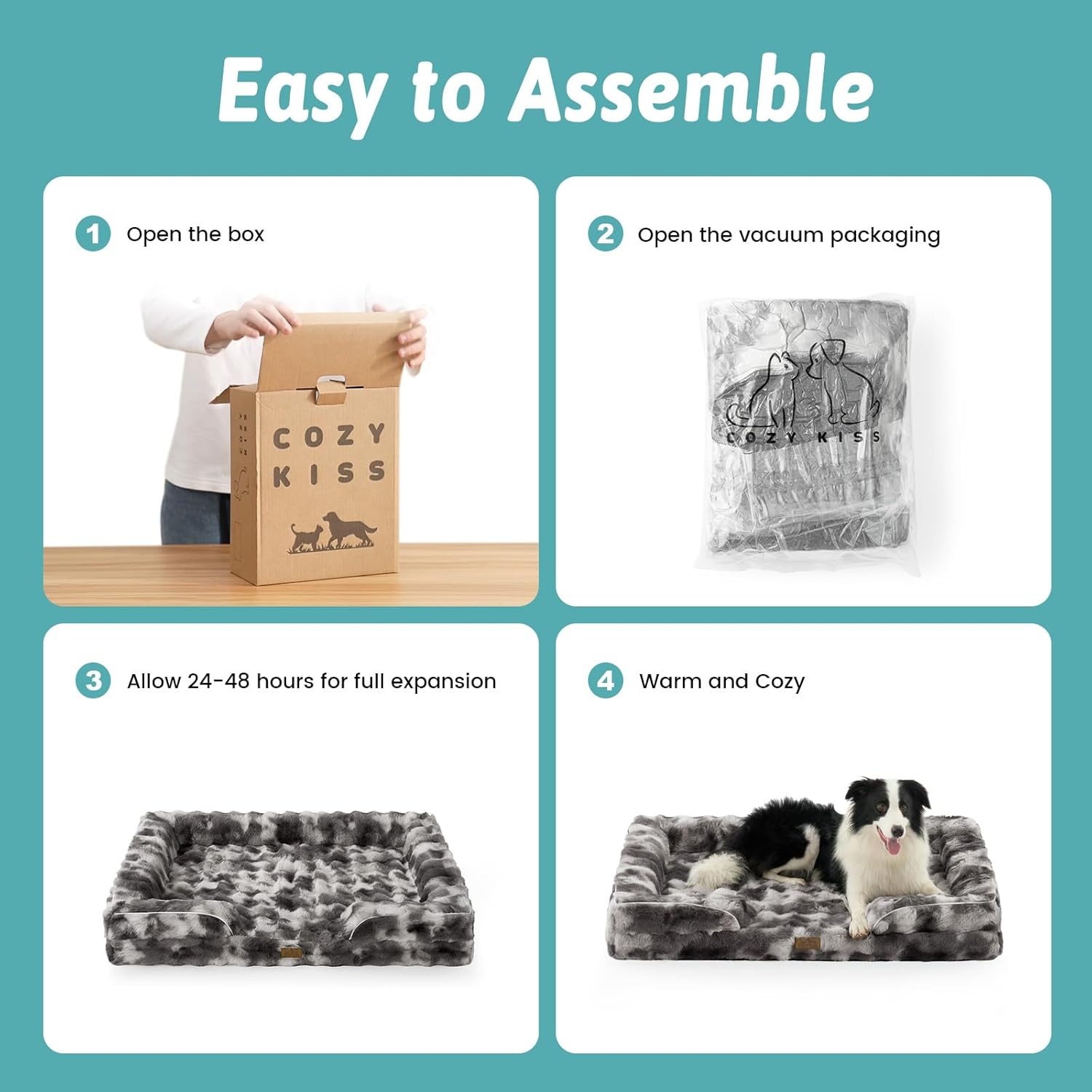 image:imageCOZY KISS Orthopedic Dog Bed for Extra Large Dog Soft and Warm Faux Fur Sofa for Giant Pet Up to 150 lbs Foam Bolster AntiSlip Couch with Washable Removable Cover XXL 48x35x8 inch BeigeTiedye Grey