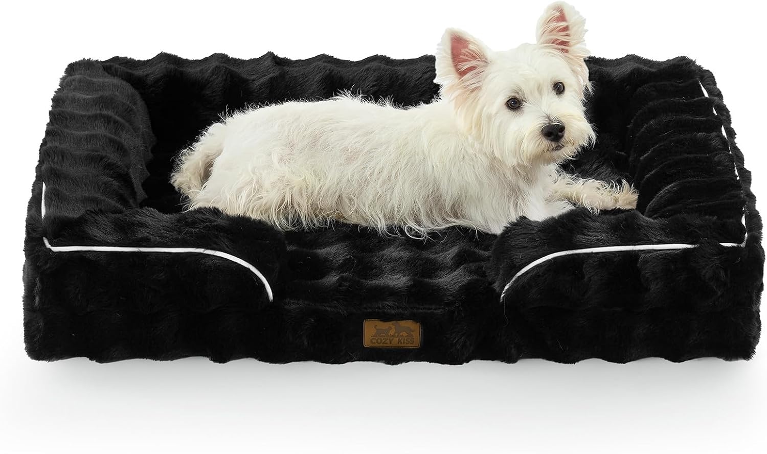 image:imageCOZY KISS Orthopedic Dog Bed for Extra Large Dog Soft and Warm Faux Fur Sofa for Giant Pet Up to 150 lbs Foam Bolster AntiSlip Couch with Washable Removable Cover XXL 48x35x8 inch BeigeBlack