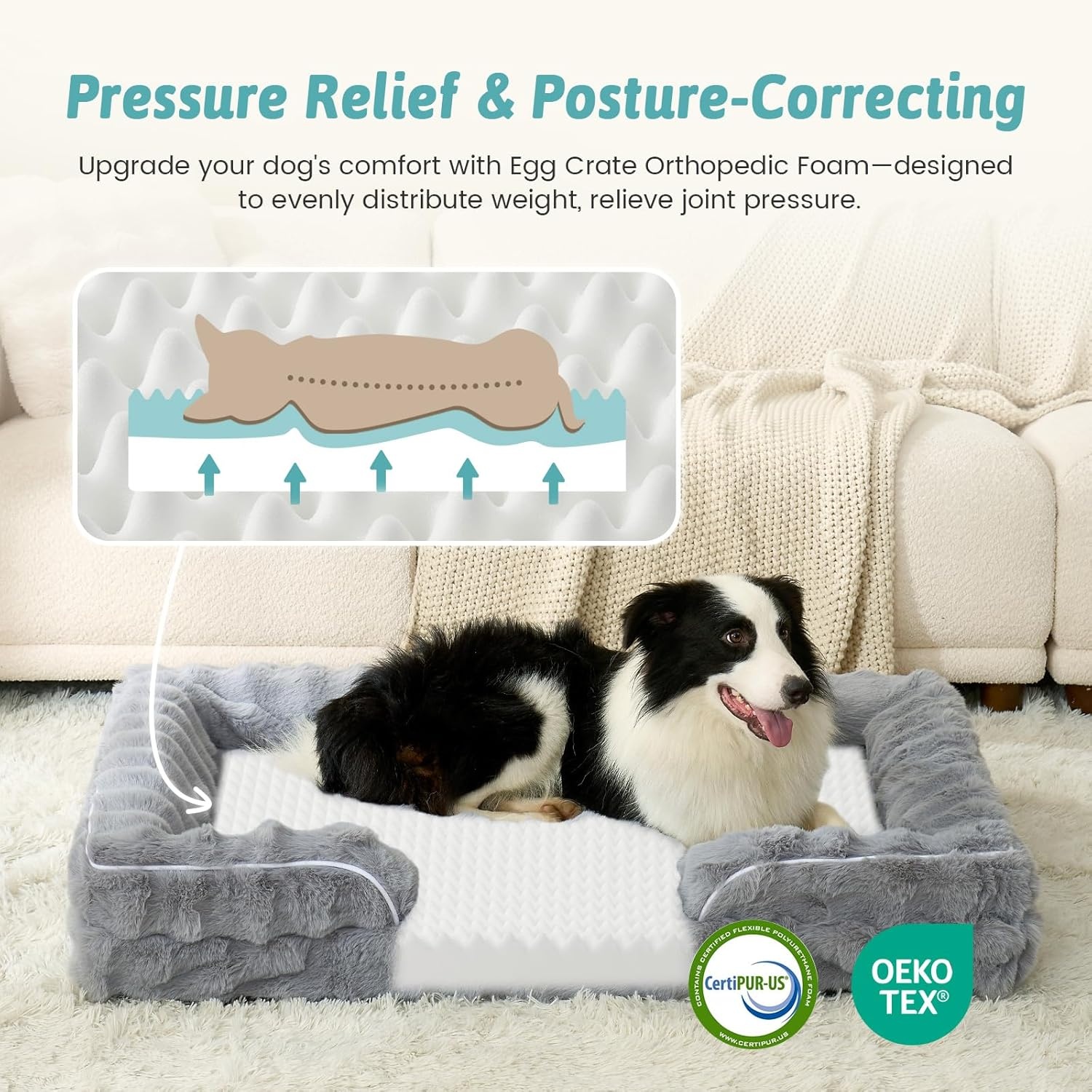 image:imageCOZY KISS Orthopedic Dog Bed for Extra Large Dog Soft and Warm Faux Fur Sofa for Giant Pet Up to 150 lbs Foam Bolster AntiSlip Couch with Washable Removable Cover XXL 48x35x8 inch BeigeGrey