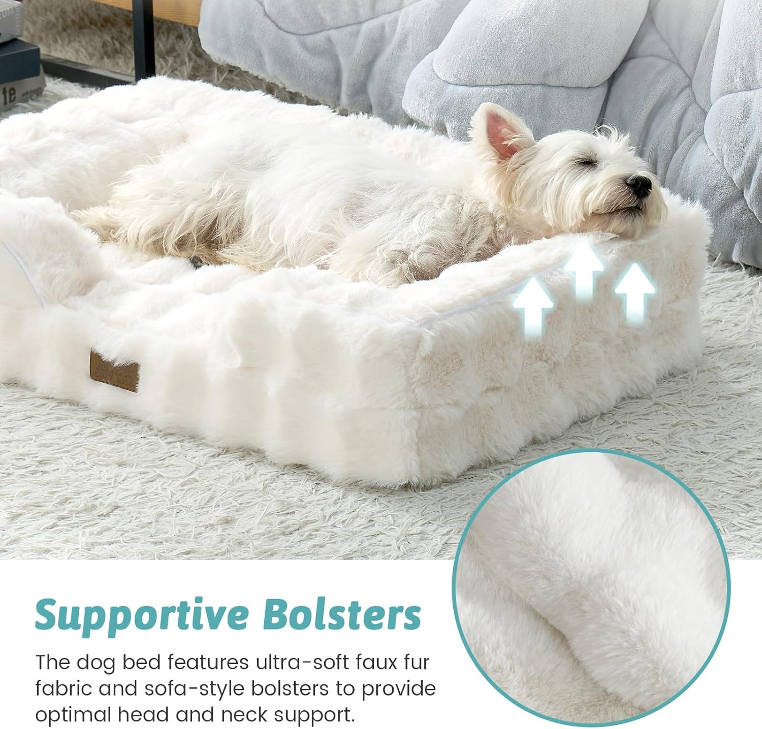 image:imageCOZY KISS Orthopedic Dog Bed for Extra Large Dog Soft and Warm Faux Fur Sofa for Giant Pet Up to 150 lbs Foam Bolster AntiSlip Couch with Washable Removable Cover XXL 48x35x8 inch BeigeBeige