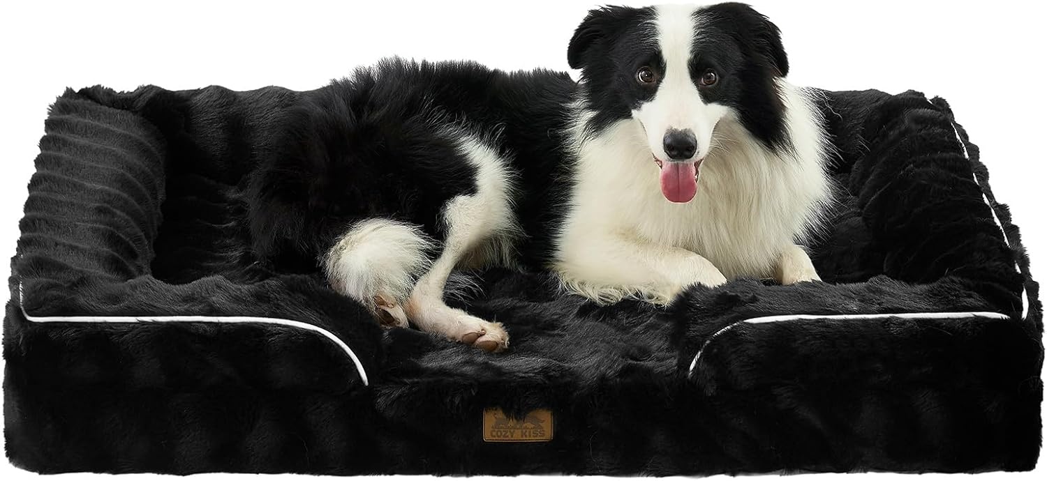 image:imageCOZY KISS Orthopedic Dog Bed for Extra Large Dog Soft and Warm Faux Fur Sofa for Giant Pet Up to 150 lbs Foam Bolster AntiSlip Couch with Washable Removable Cover XXL 48x35x8 inch BeigeBlack