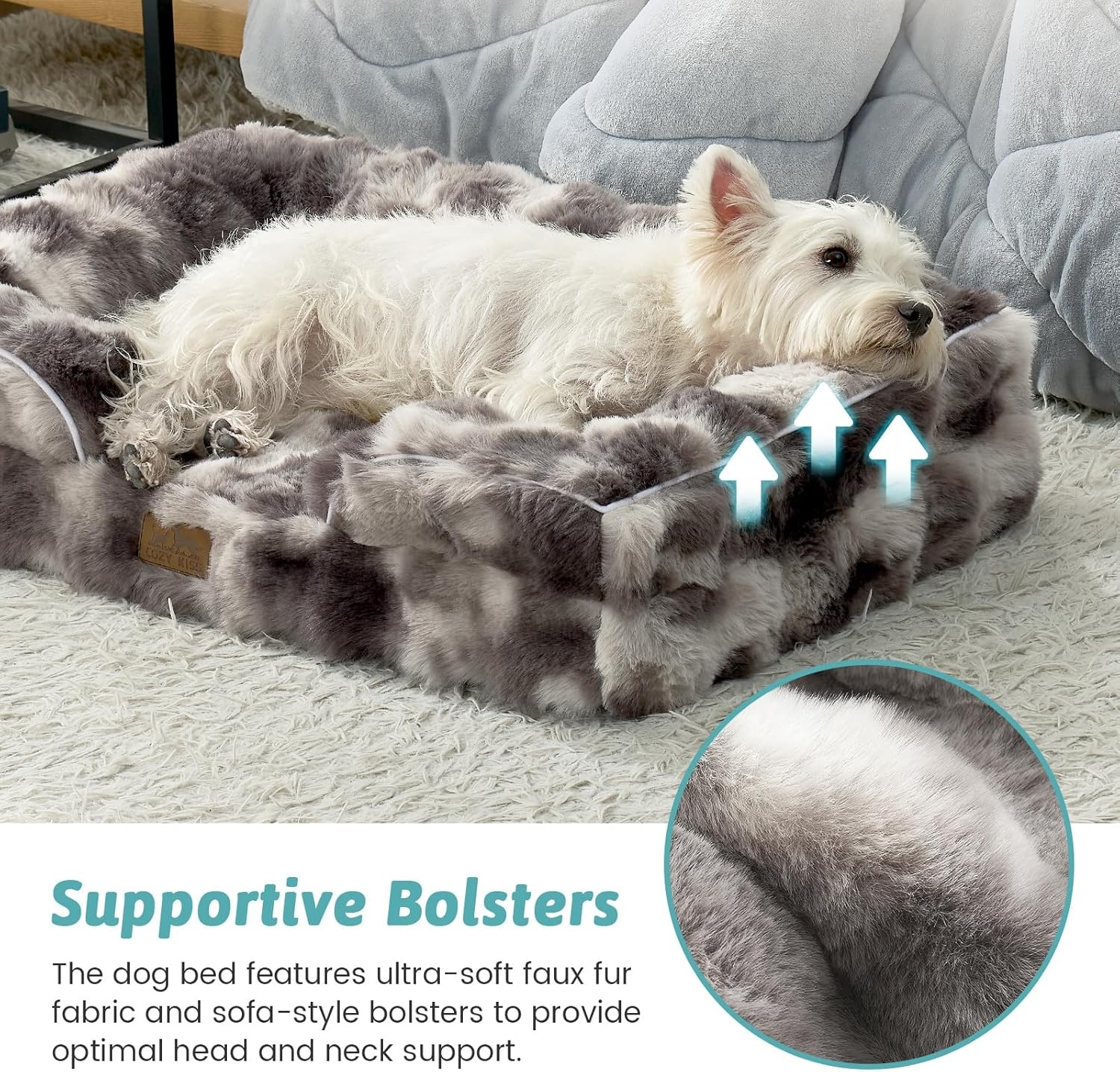 image:imageCOZY KISS Orthopedic Dog Bed for Extra Large Dog Soft and Warm Faux Fur Sofa for Giant Pet Up to 150 lbs Foam Bolster AntiSlip Couch with Washable Removable Cover XXL 48x35x8 inch BeigeTiedye Grey