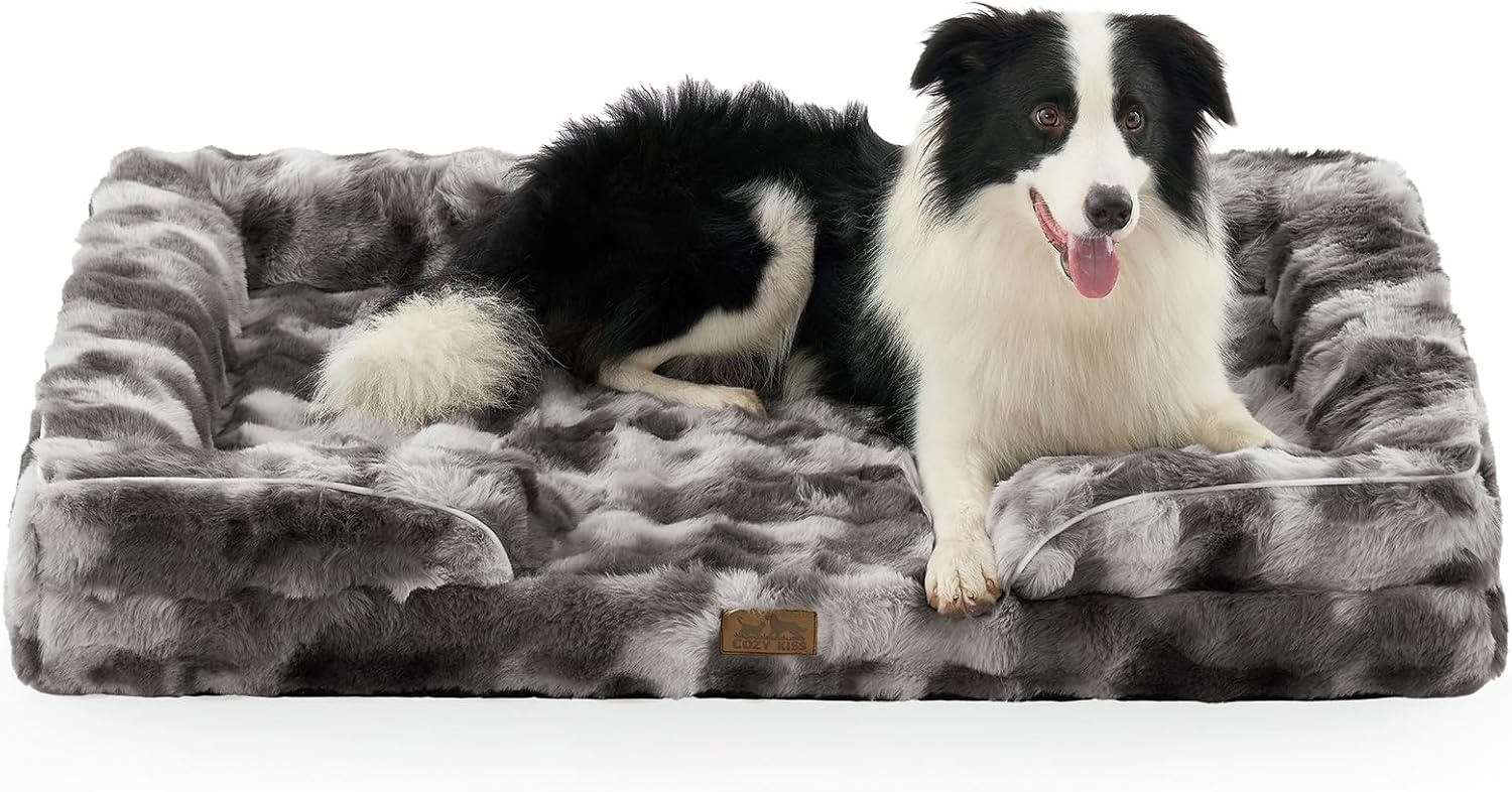 image:imageCOZY KISS Orthopedic Dog Bed for Extra Large Dog Soft and Warm Faux Fur Sofa for Giant Pet Up to 150 lbs Foam Bolster AntiSlip Couch with Washable Removable Cover XXL 48x35x8 inch BeigeTiedye Grey