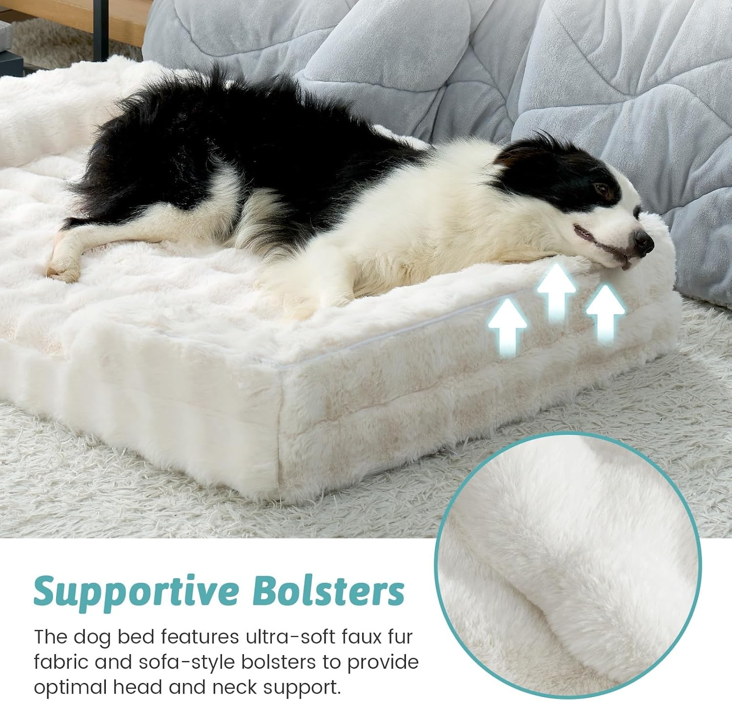image:imageCOZY KISS Orthopedic Dog Bed for Extra Large Dog Soft and Warm Faux Fur Sofa for Giant Pet Up to 150 lbs Foam Bolster AntiSlip Couch with Washable Removable Cover XXL 48x35x8 inch BeigeBeige