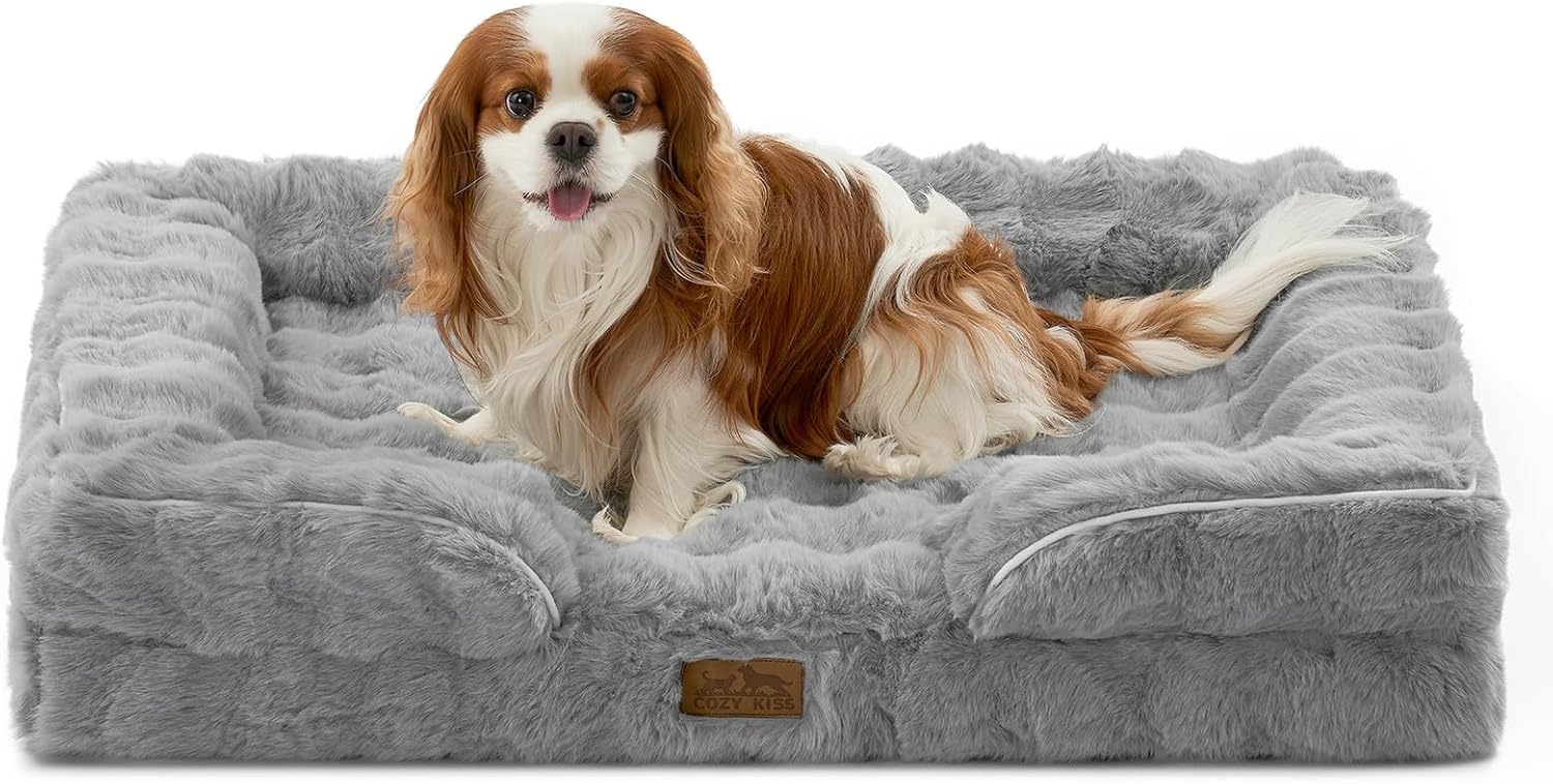 image:imageCOZY KISS Orthopedic Dog Bed for Extra Large Dog Soft and Warm Faux Fur Sofa for Giant Pet Up to 150 lbs Foam Bolster AntiSlip Couch with Washable Removable Cover XXL 48x35x8 inch BeigeGrey