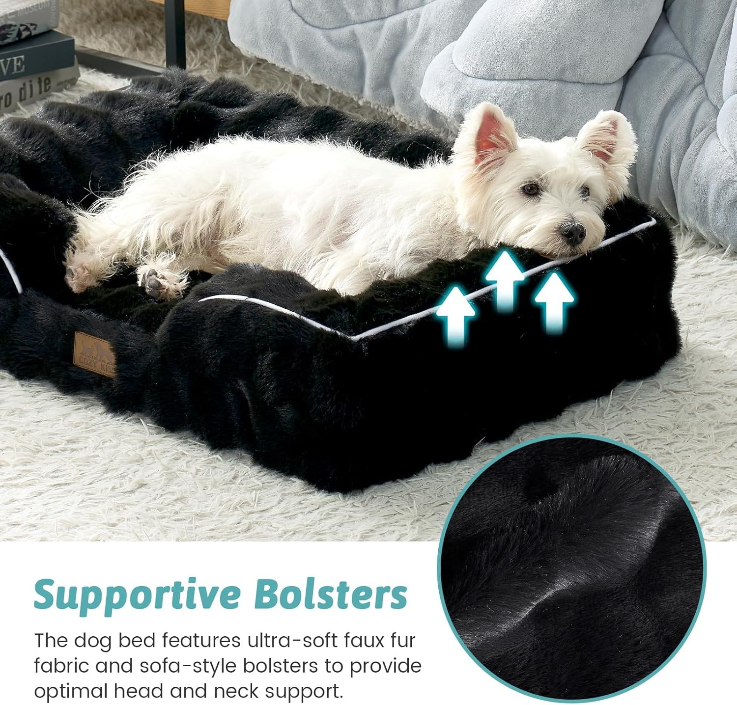 image:imageCOZY KISS Orthopedic Dog Bed for Extra Large Dog Soft and Warm Faux Fur Sofa for Giant Pet Up to 150 lbs Foam Bolster AntiSlip Couch with Washable Removable Cover XXL 48x35x8 inch BeigeBlack