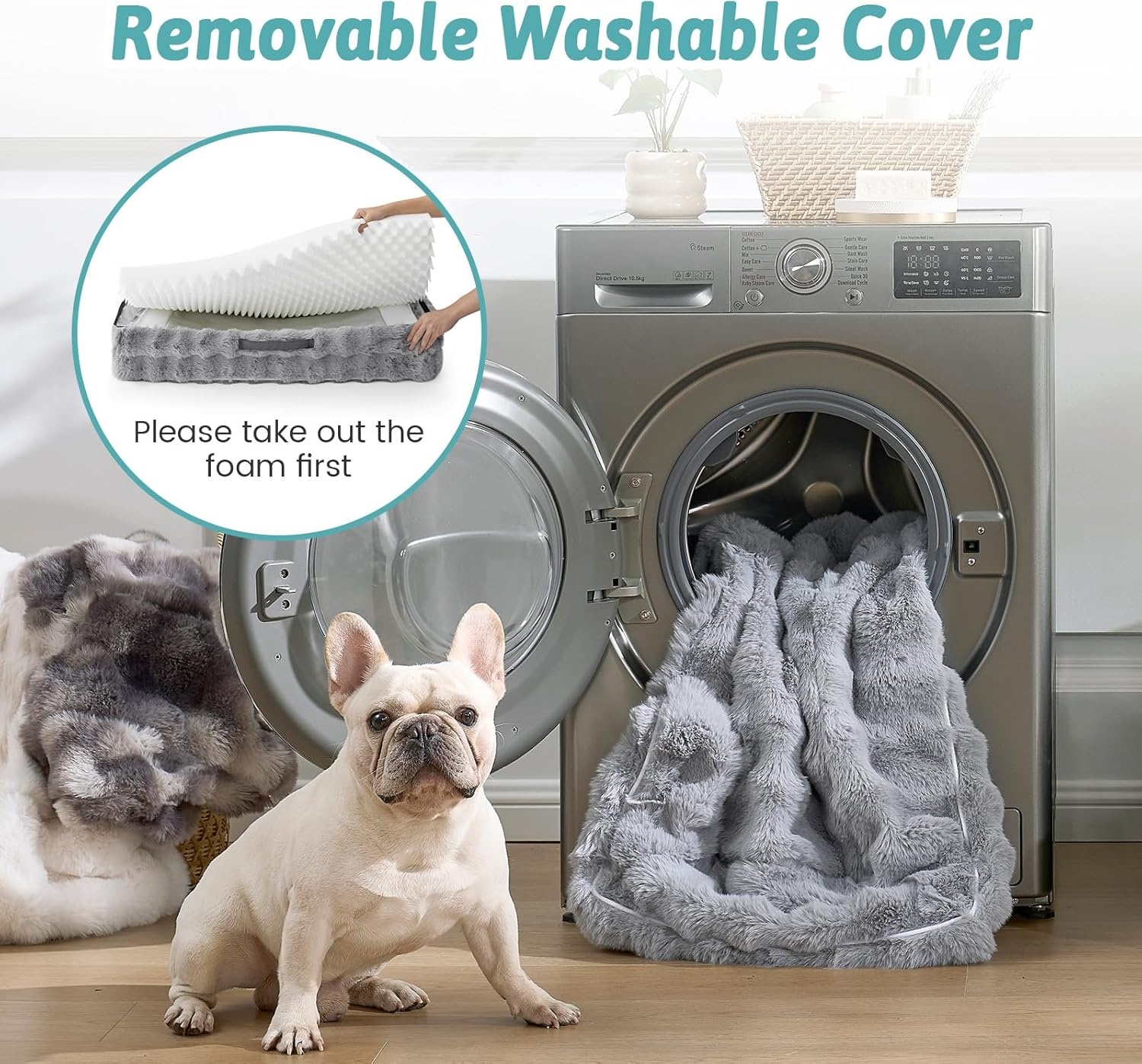image:imageCOZY KISS Orthopedic Dog Bed for Extra Large Dog Soft and Warm Faux Fur Sofa for Giant Pet Up to 150 lbs Foam Bolster AntiSlip Couch with Washable Removable Cover XXL 48x35x8 inch BeigeGrey