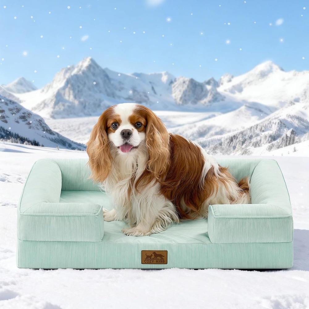 image:imageCOZY KISS Cooling Dog Bed for Large Medium Size Dogs QMax gt04 Summer Cool Orthopedic Foam Pet Sofa Bed with Sides Bolster AntiSlip Couch with Washable Removable Cover L 36x27x65 inch BeigeGreen