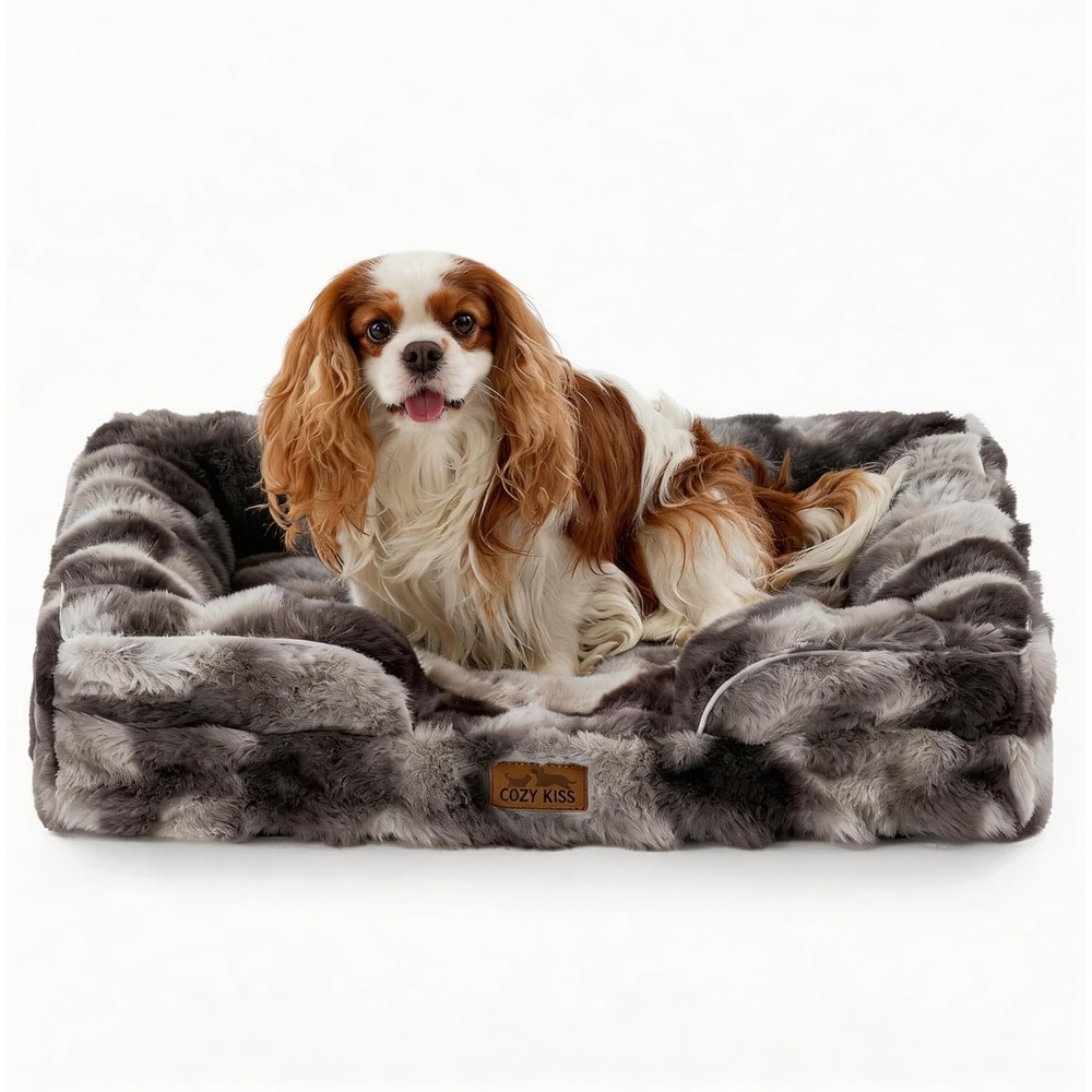 image:imageCOZY KISS Orthopedic Dog Bed for Extra Large Dog Soft and Warm Faux Fur Sofa for Giant Pet Up to 150 lbs Foam Bolster AntiSlip Couch with Washable Removable Cover XXL 48x35x8 inch BeigeTiedye Grey