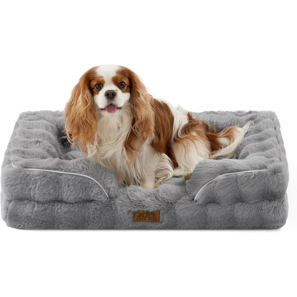 image:imageCOZY KISS Orthopedic Dog Bed for Extra Large Dog Soft and Warm Faux Fur Sofa for Giant Pet Up to 150 lbs Foam Bolster AntiSlip Couch with Washable Removable Cover XXL 48x35x8 inch BeigeGrey