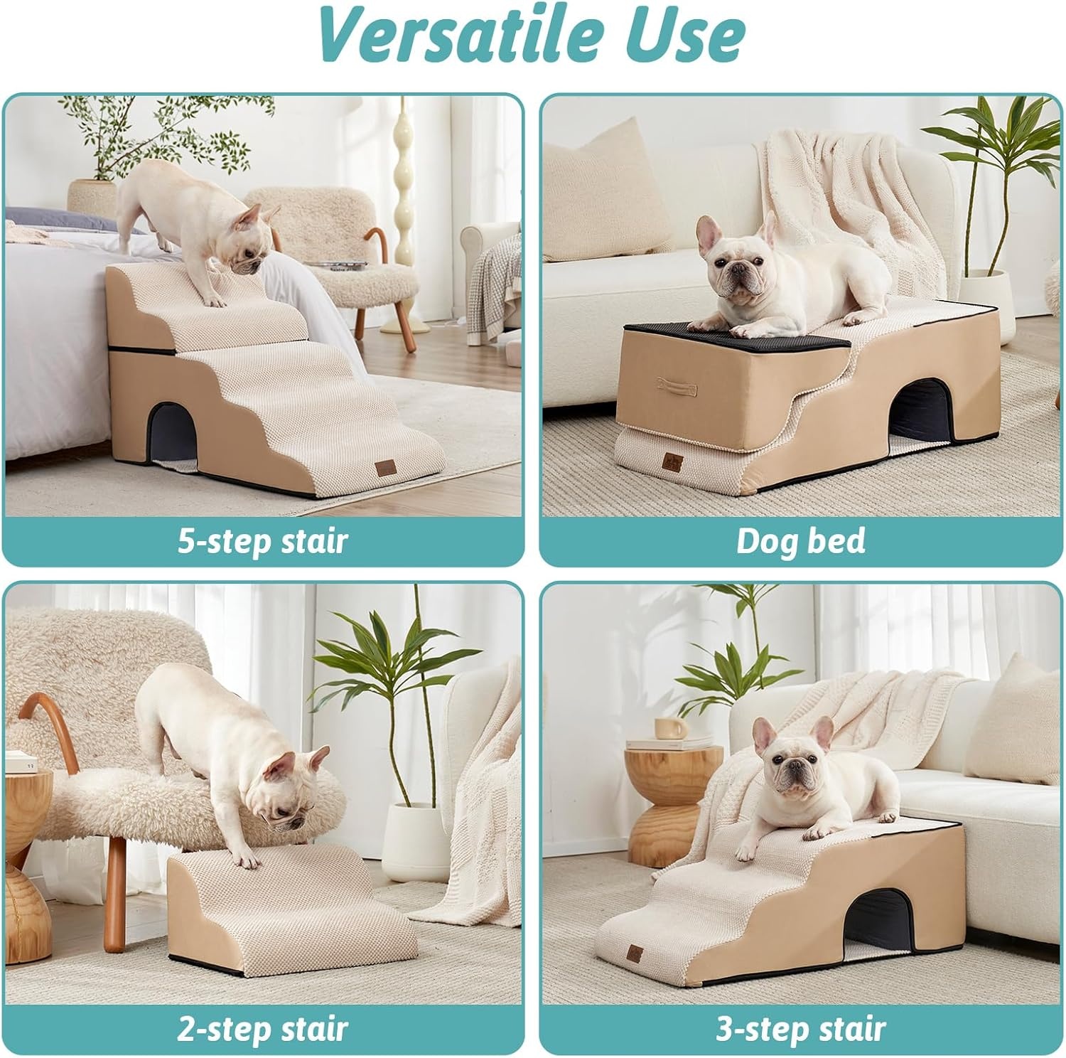 image:imageCOZY KISS Extra Wide Dog Stairs with Tunnel Detachable Large Pet Step for Small Medium Dog Puppy or Cat Ramp for High Bed Couch Sofa or Car Stable 197x33x224 inch 5 Step BlackBeige