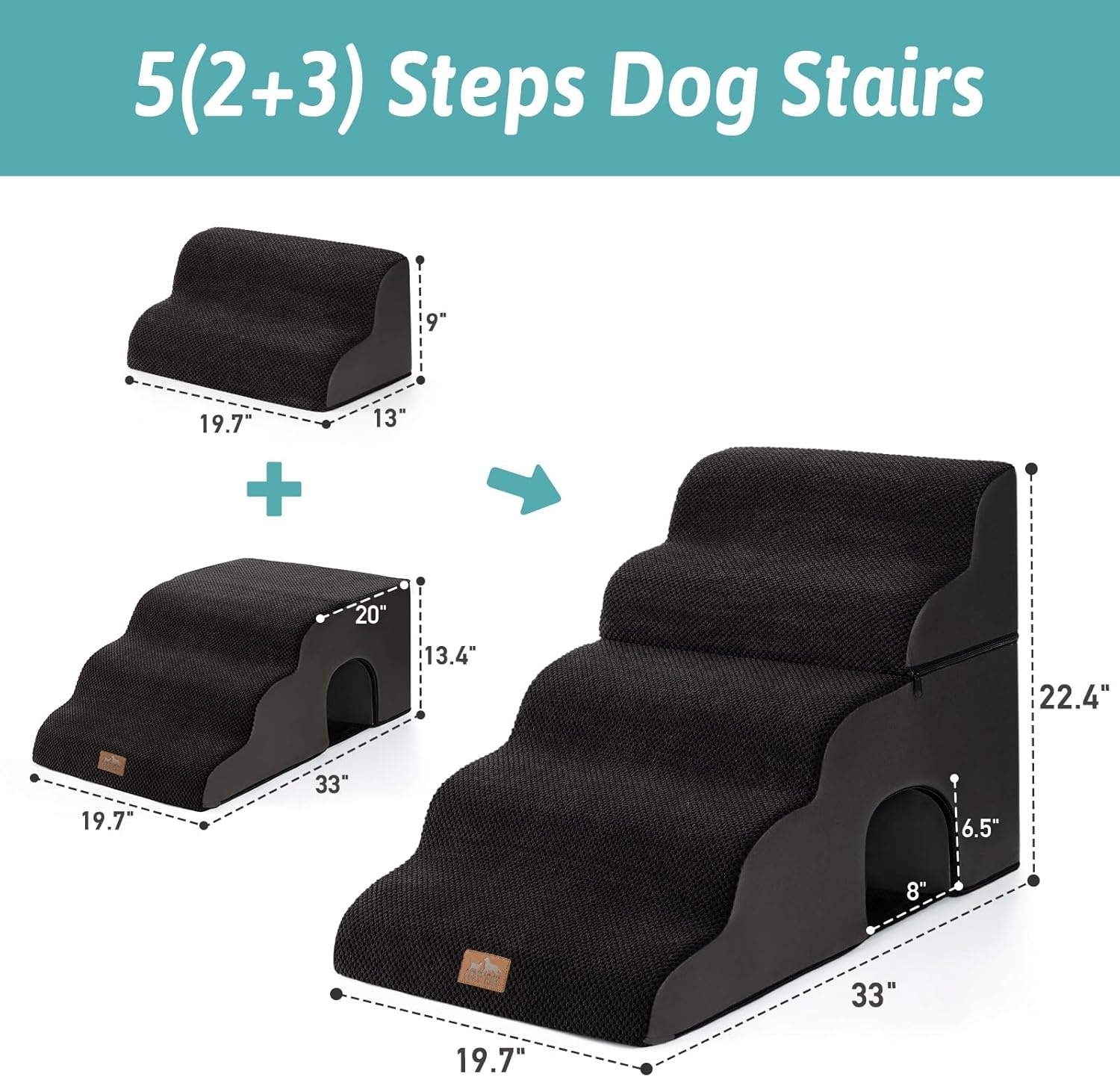 image:imageCOZY KISS Extra Wide Dog Stairs with Tunnel Detachable Large Pet Step for Small Medium Dog Puppy or Cat Ramp for High Bed Couch Sofa or Car Stable 197x33x224 inch 5 Step BlackBlack