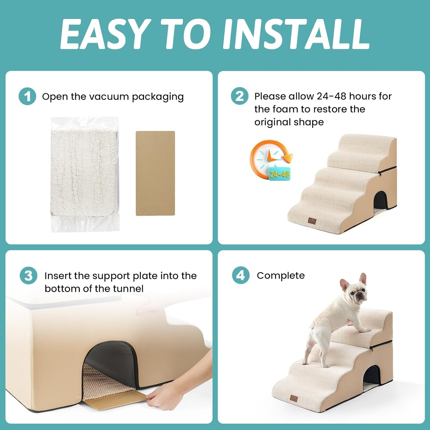 image:imageCOZY KISS Extra Wide Dog Stairs with Tunnel Detachable Large Pet Step for Small Medium Dog Puppy or Cat Ramp for High Bed Couch Sofa or Car Stable 197x33x224 inch 5 Step BlackBeige