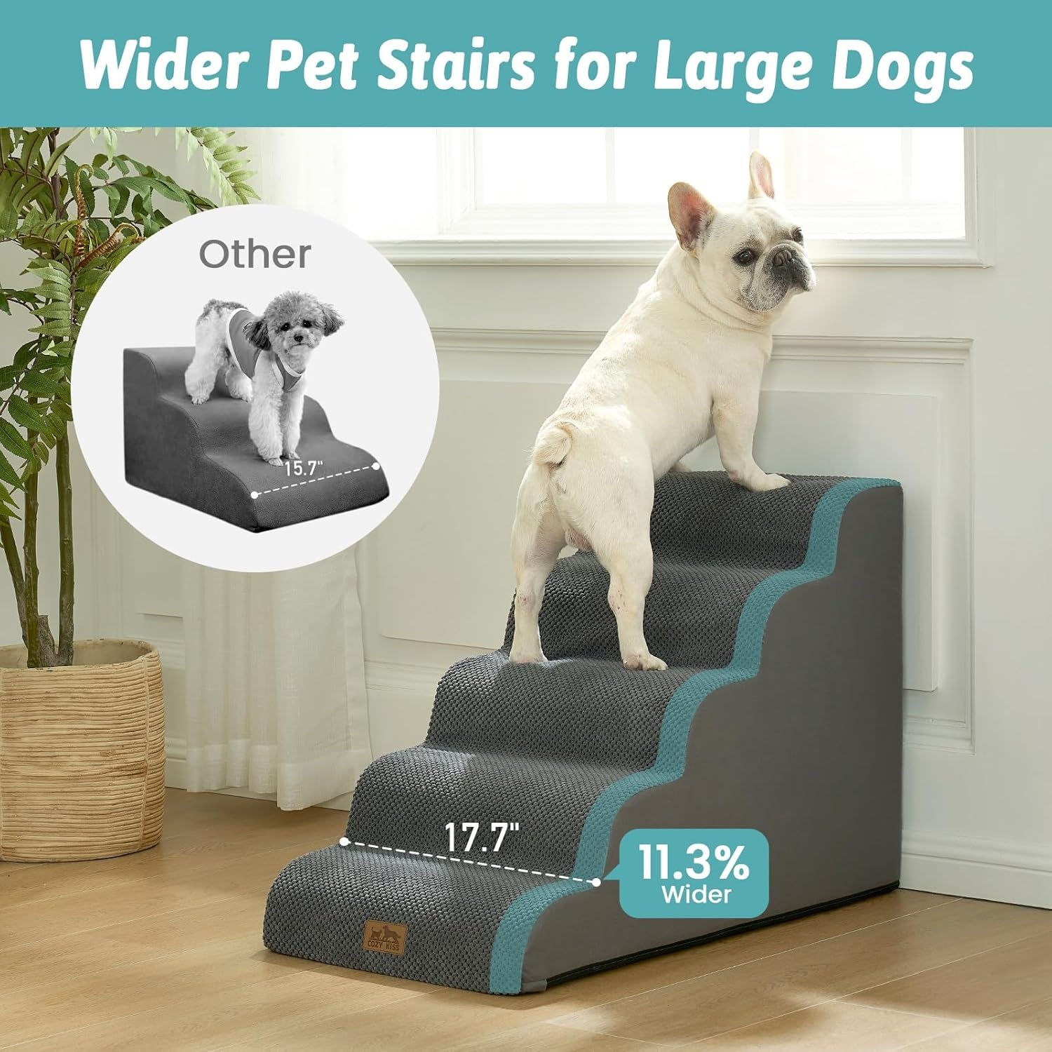 image:imageCOZY KISS Extra Wide Dog Stairs with Tunnel Detachable Large Pet Step for Small Medium Dog Puppy or Cat Ramp for High Bed Couch Sofa or Car Stable 197x33x224 inch 5 Step BlackDark Grey