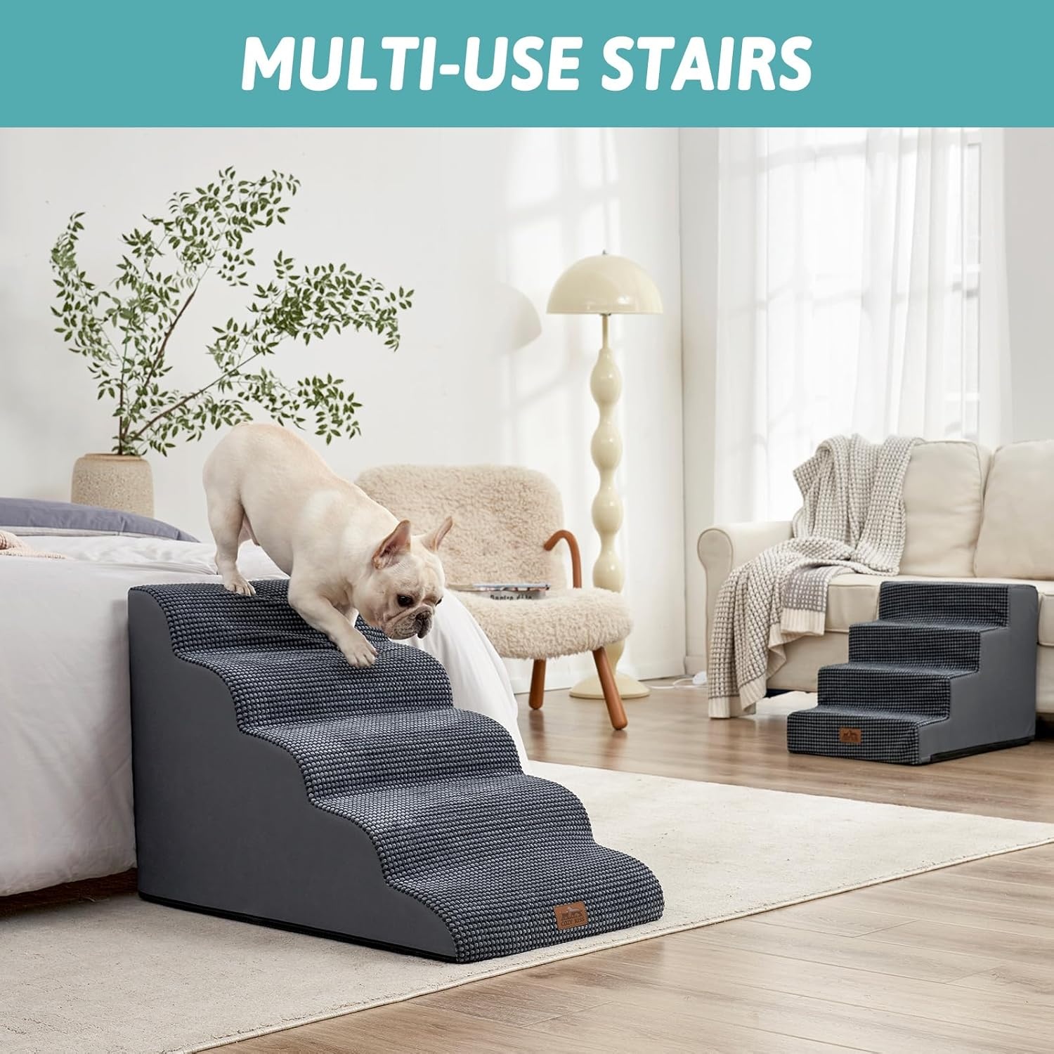image:imageCOZY KISS Extra Wide Dog Stairs with Tunnel Detachable Large Pet Step for Small Medium Dog Puppy or Cat Ramp for High Bed Couch Sofa or Car Stable 197x33x224 inch 5 Step BlackCharcoal Grey