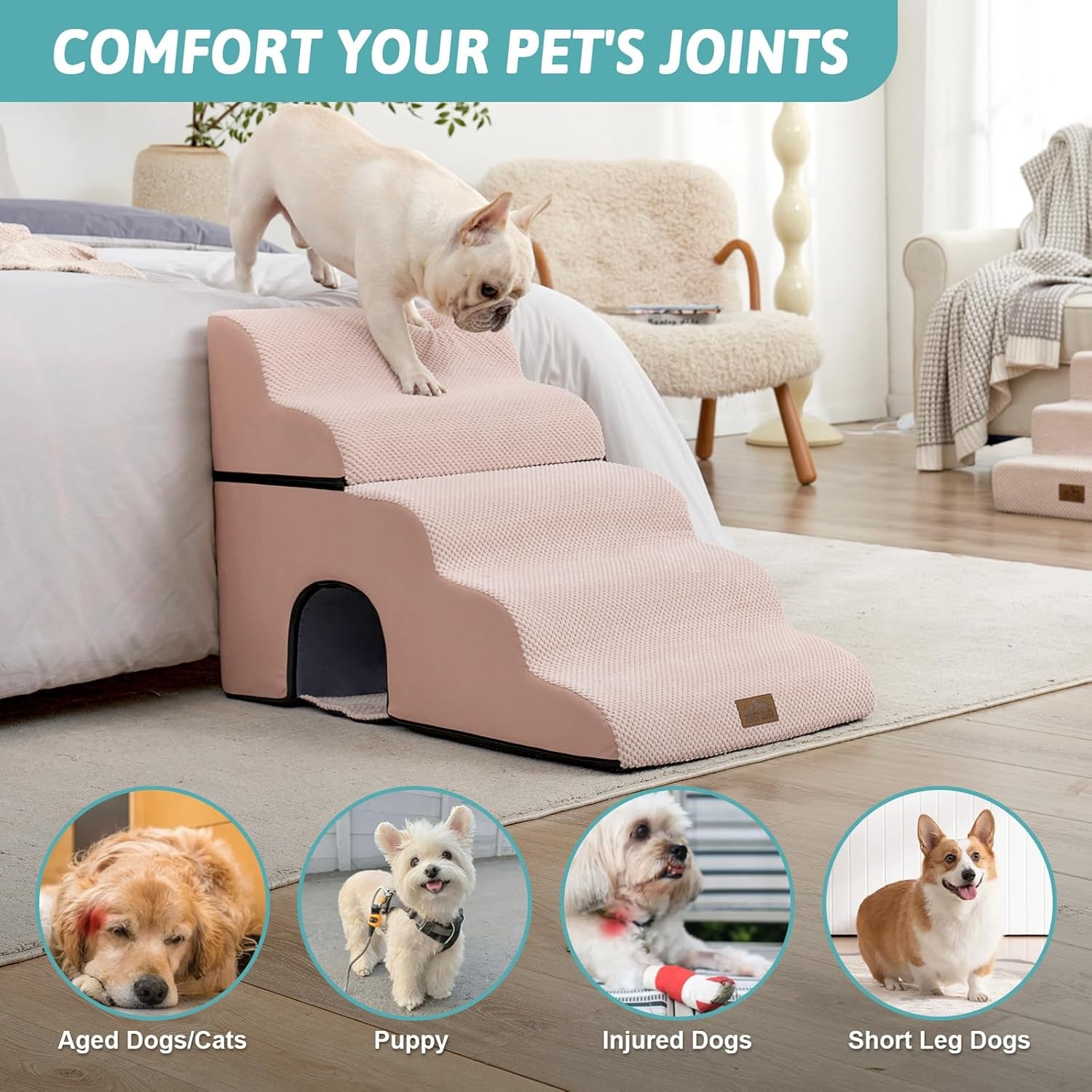 image:imageCOZY KISS Extra Wide Dog Stairs with Tunnel Detachable Large Pet Step for Small Medium Dog Puppy or Cat Ramp for High Bed Couch Sofa or Car Stable 197x33x224 inch 5 Step BlackPink