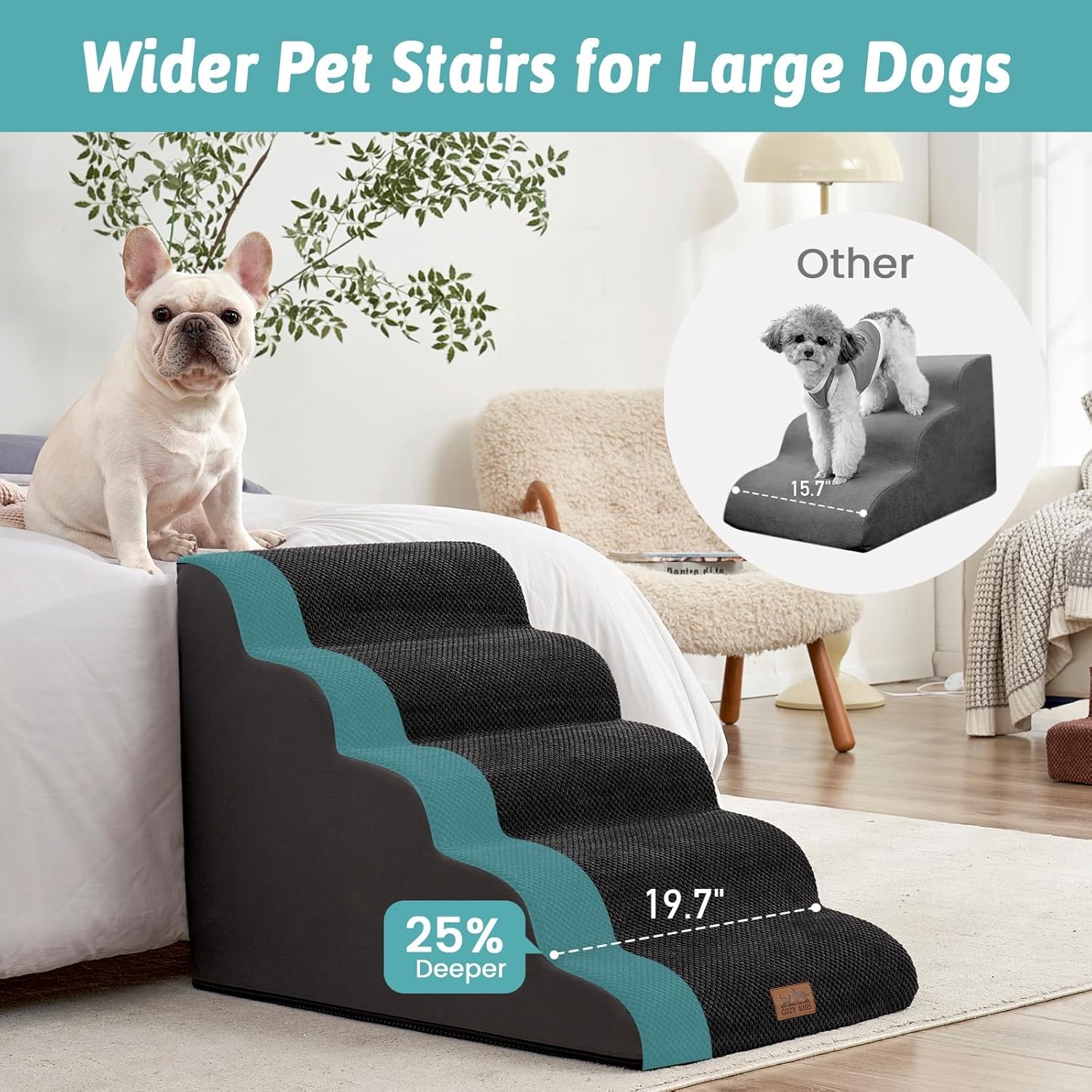 image:imageCOZY KISS Extra Wide Dog Stairs with Tunnel Detachable Large Pet Step for Small Medium Dog Puppy or Cat Ramp for High Bed Couch Sofa or Car Stable 197x33x224 inch 5 Step BlackBlack