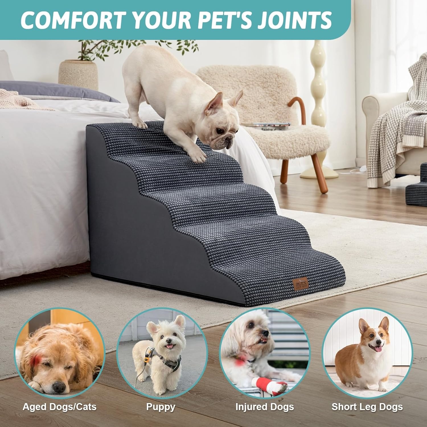 image:imageCOZY KISS Extra Wide Dog Stairs with Tunnel Detachable Large Pet Step for Small Medium Dog Puppy or Cat Ramp for High Bed Couch Sofa or Car Stable 197x33x224 inch 5 Step BlackCharcoal Grey