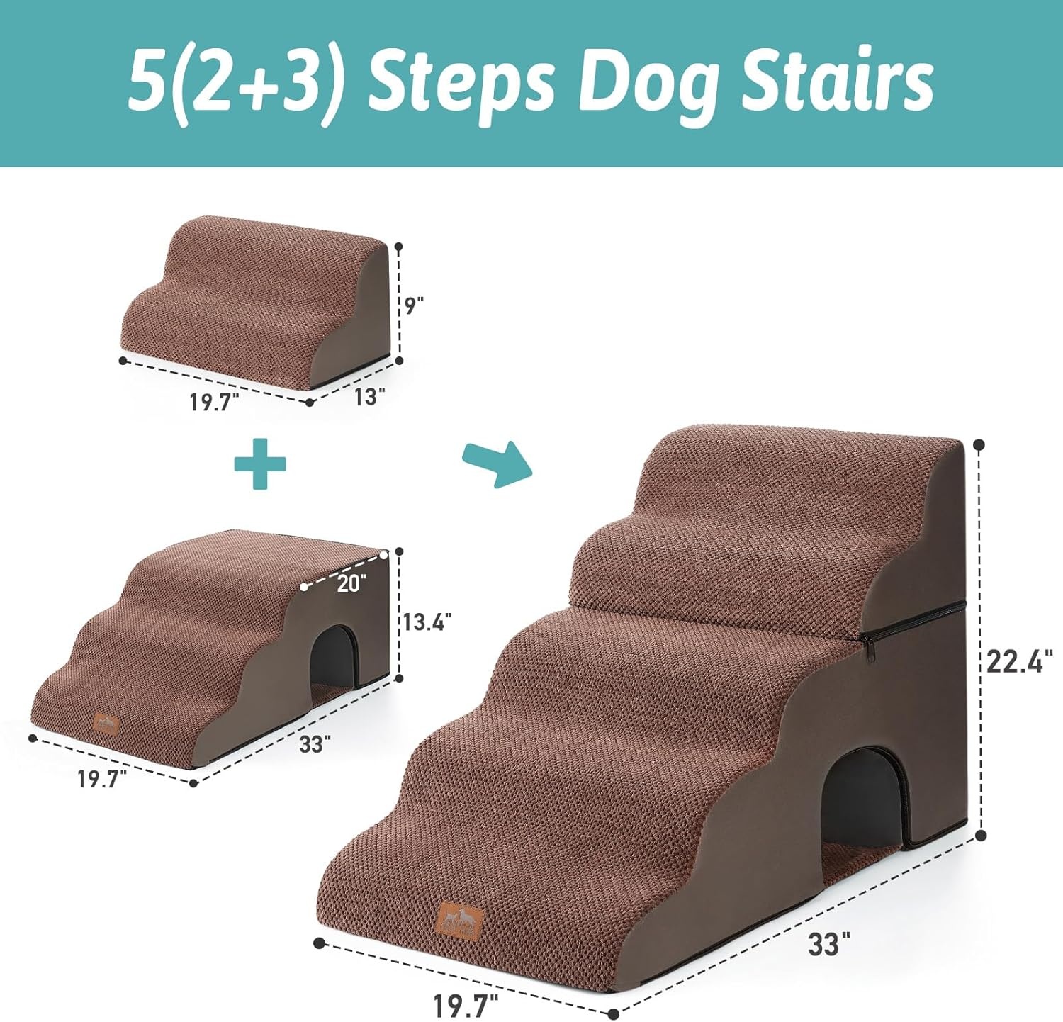 image:imageCOZY KISS Extra Wide Dog Stairs with Tunnel Detachable Large Pet Step for Small Medium Dog Puppy or Cat Ramp for High Bed Couch Sofa or Car Stable 197x33x224 inch 5 Step BlackBrown