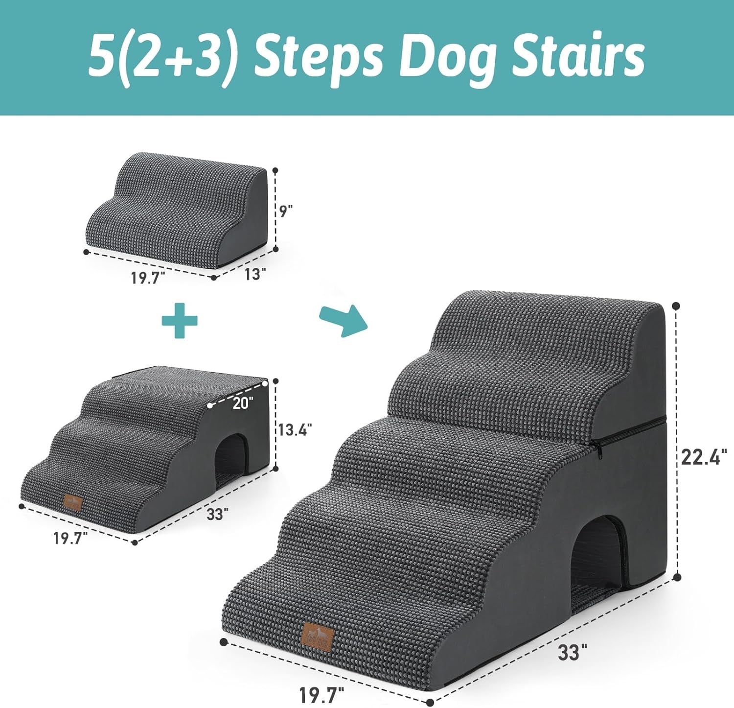 image:imageCOZY KISS Extra Wide Dog Stairs with Tunnel Detachable Large Pet Step for Small Medium Dog Puppy or Cat Ramp for High Bed Couch Sofa or Car Stable 197x33x224 inch 5 Step BlackCharcoal Grey