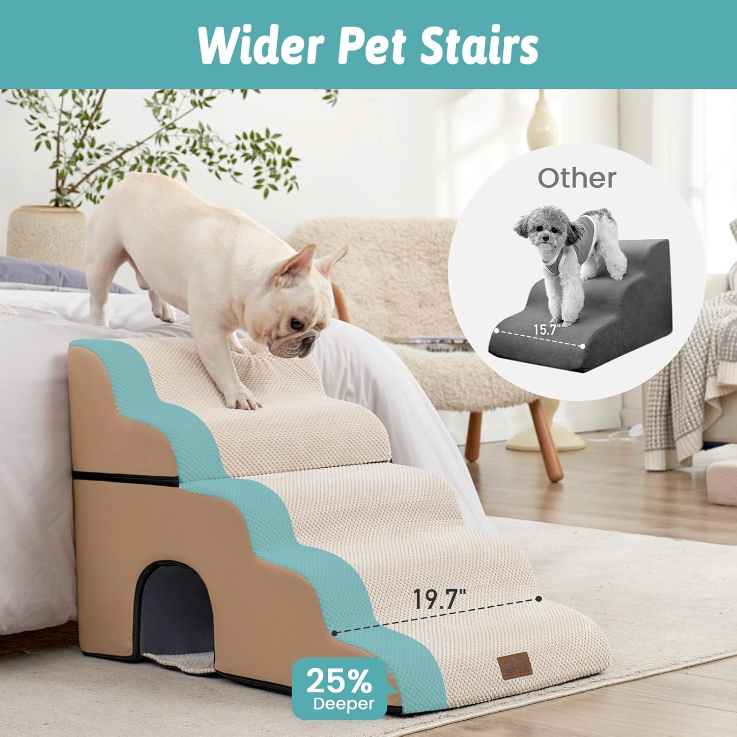 image:imageCOZY KISS Extra Wide Dog Stairs with Tunnel Detachable Large Pet Step for Small Medium Dog Puppy or Cat Ramp for High Bed Couch Sofa or Car Stable 197x33x224 inch 5 Step BlackBeige