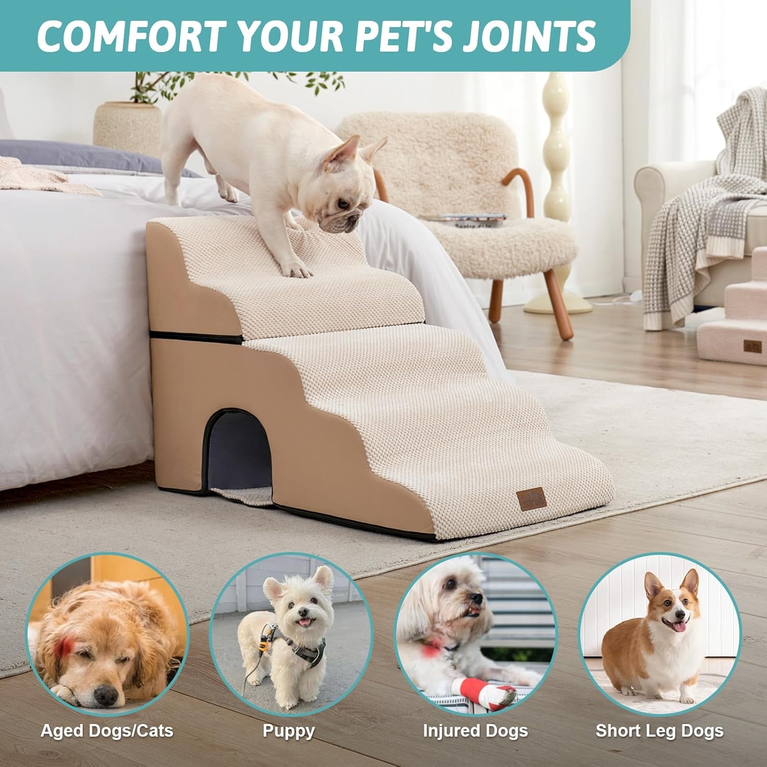image:imageCOZY KISS Extra Wide Dog Stairs with Tunnel Detachable Large Pet Step for Small Medium Dog Puppy or Cat Ramp for High Bed Couch Sofa or Car Stable 197x33x224 inch 5 Step BlackBeige