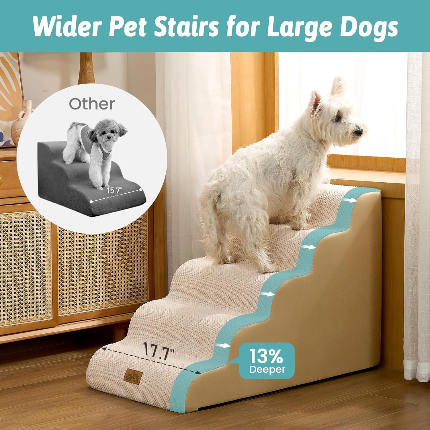 image:imageCOZY KISS Extra Wide Dog Stairs with Tunnel Detachable Large Pet Step for Small Medium Dog Puppy or Cat Ramp for High Bed Couch Sofa or Car Stable 197x33x224 inch 5 Step BlackBeige