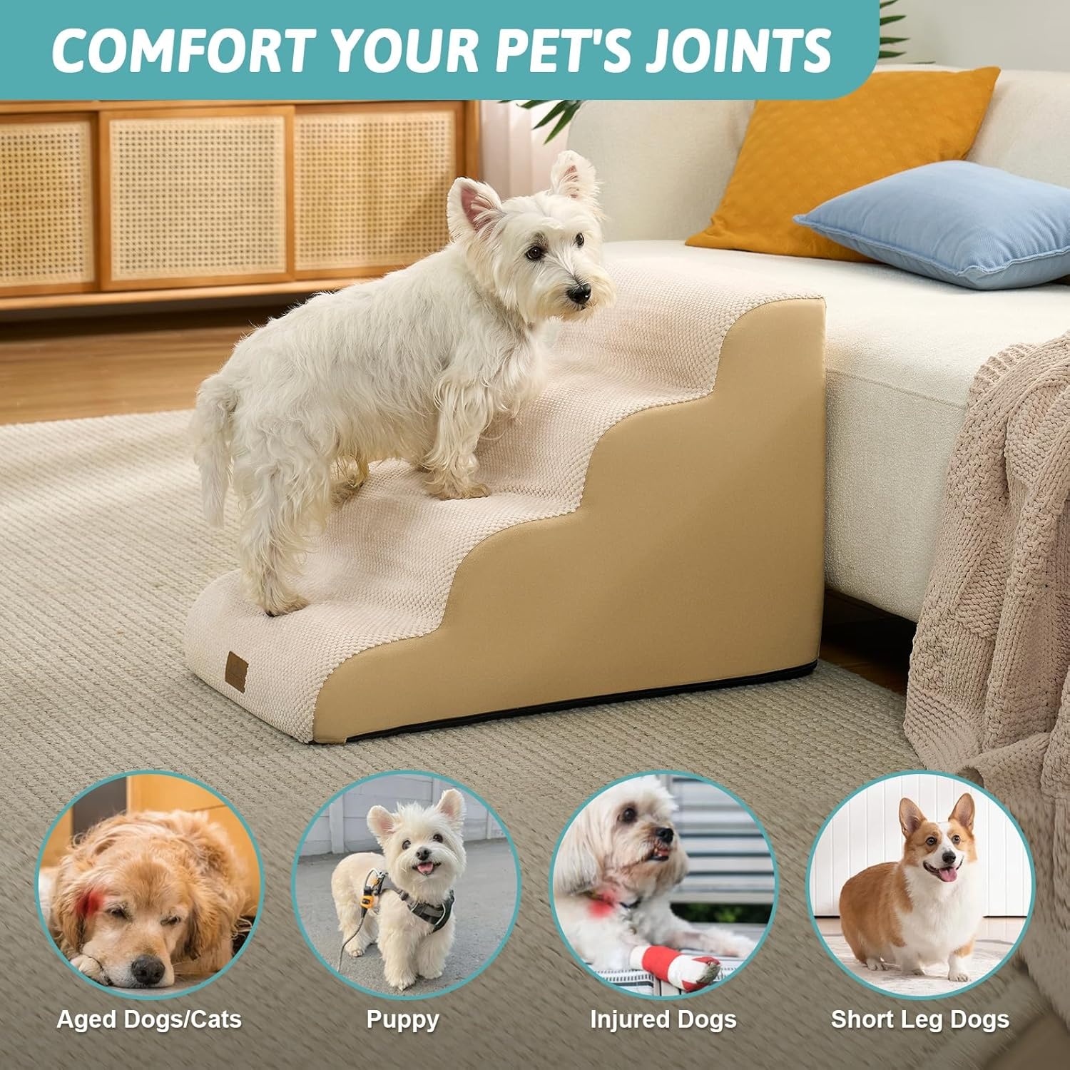 image:imageCOZY KISS Extra Wide Dog Stairs with Tunnel Detachable Large Pet Step for Small Medium Dog Puppy or Cat Ramp for High Bed Couch Sofa or Car Stable 197x33x224 inch 5 Step BlackBeige