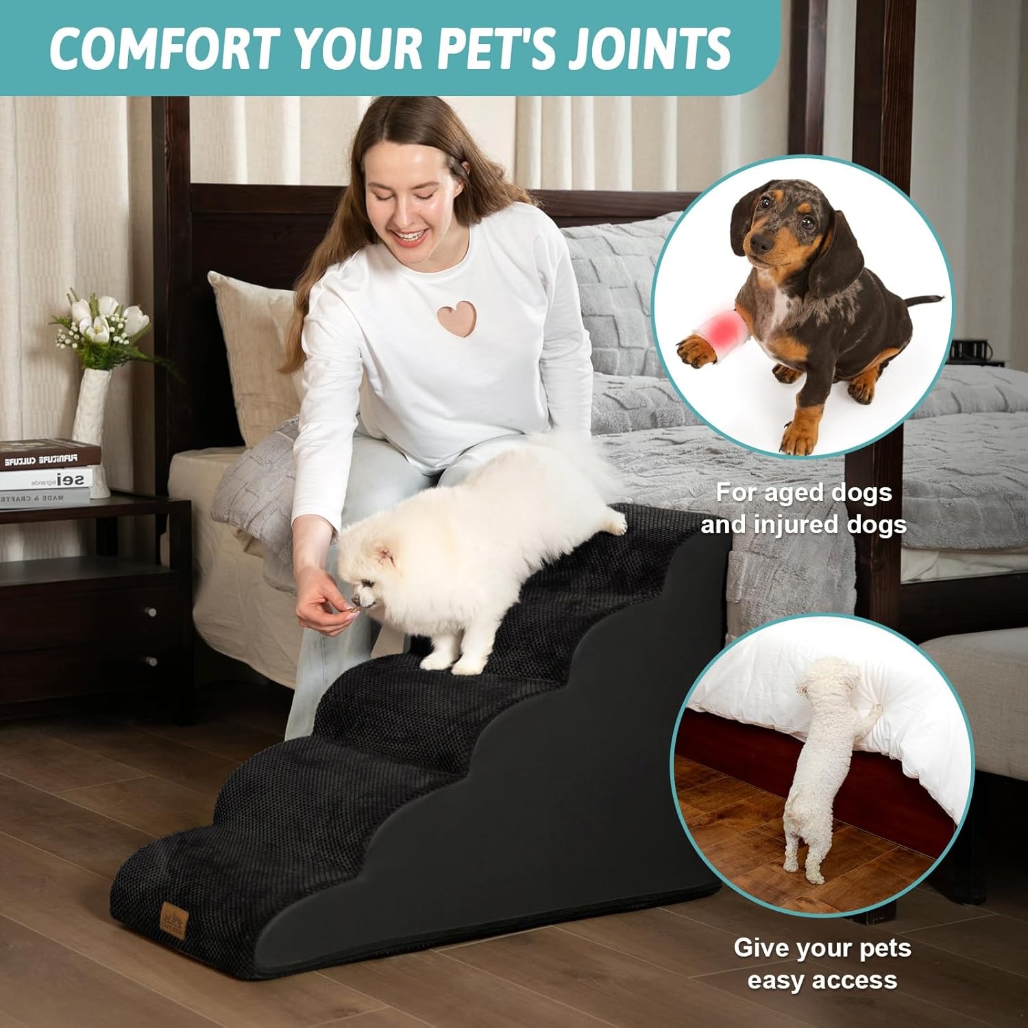 image:imageCOZY KISS Extra Wide Dog Stairs with Tunnel Detachable Large Pet Step for Small Medium Dog Puppy or Cat Ramp for High Bed Couch Sofa or Car Stable 197x33x224 inch 5 Step BlackBlack