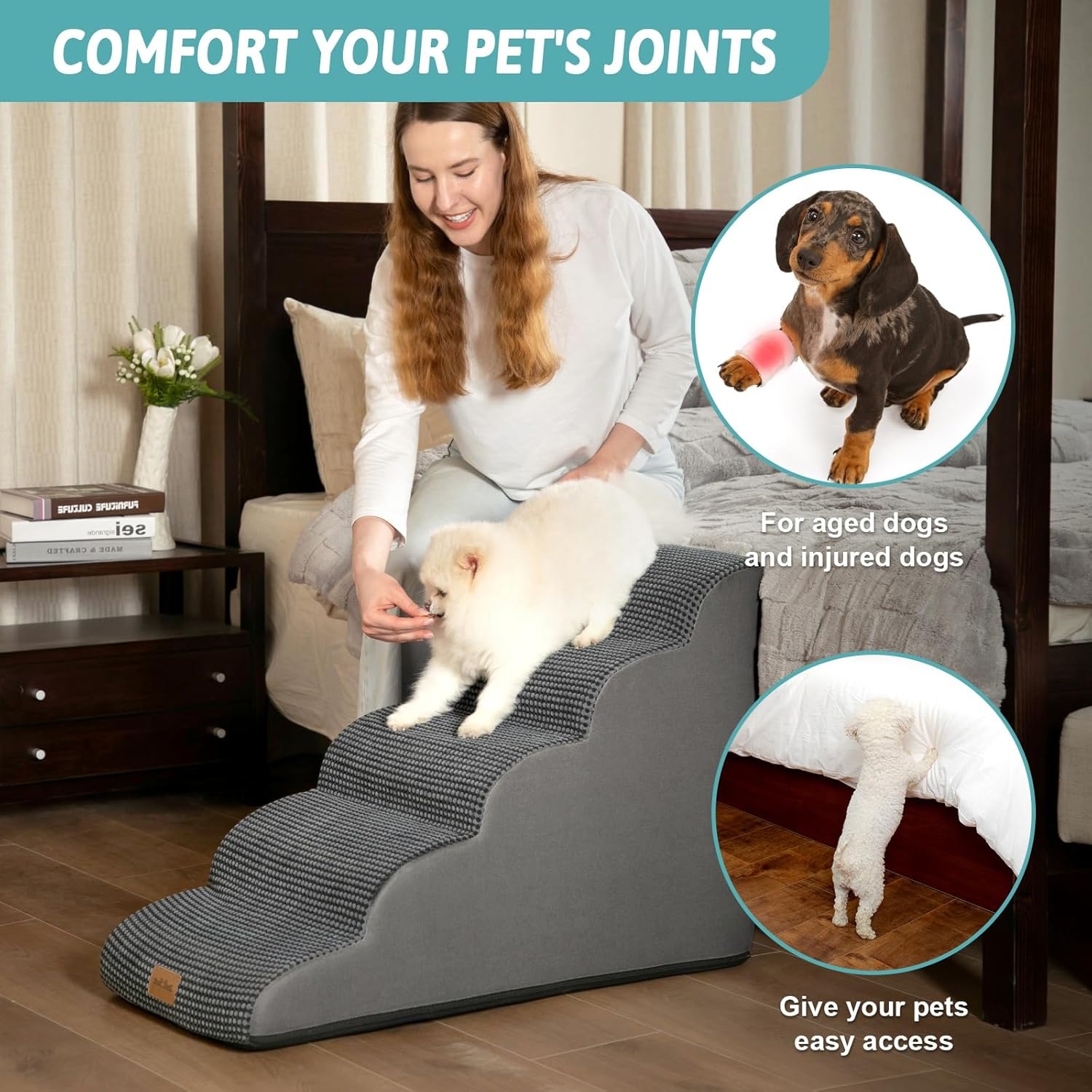 image:imageCOZY KISS Extra Wide Dog Stairs with Tunnel Detachable Large Pet Step for Small Medium Dog Puppy or Cat Ramp for High Bed Couch Sofa or Car Stable 197x33x224 inch 5 Step BlackCharcoal Grey