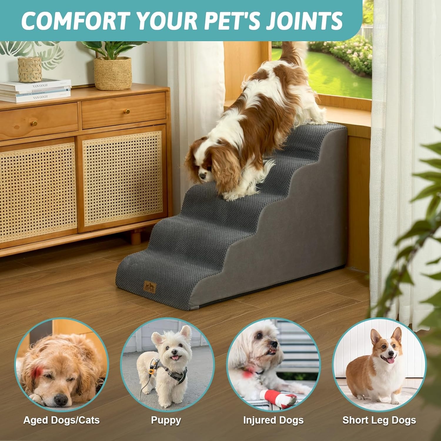 image:imageCOZY KISS Extra Wide Dog Stairs with Tunnel Detachable Large Pet Step for Small Medium Dog Puppy or Cat Ramp for High Bed Couch Sofa or Car Stable 197x33x224 inch 5 Step BlackDark Grey