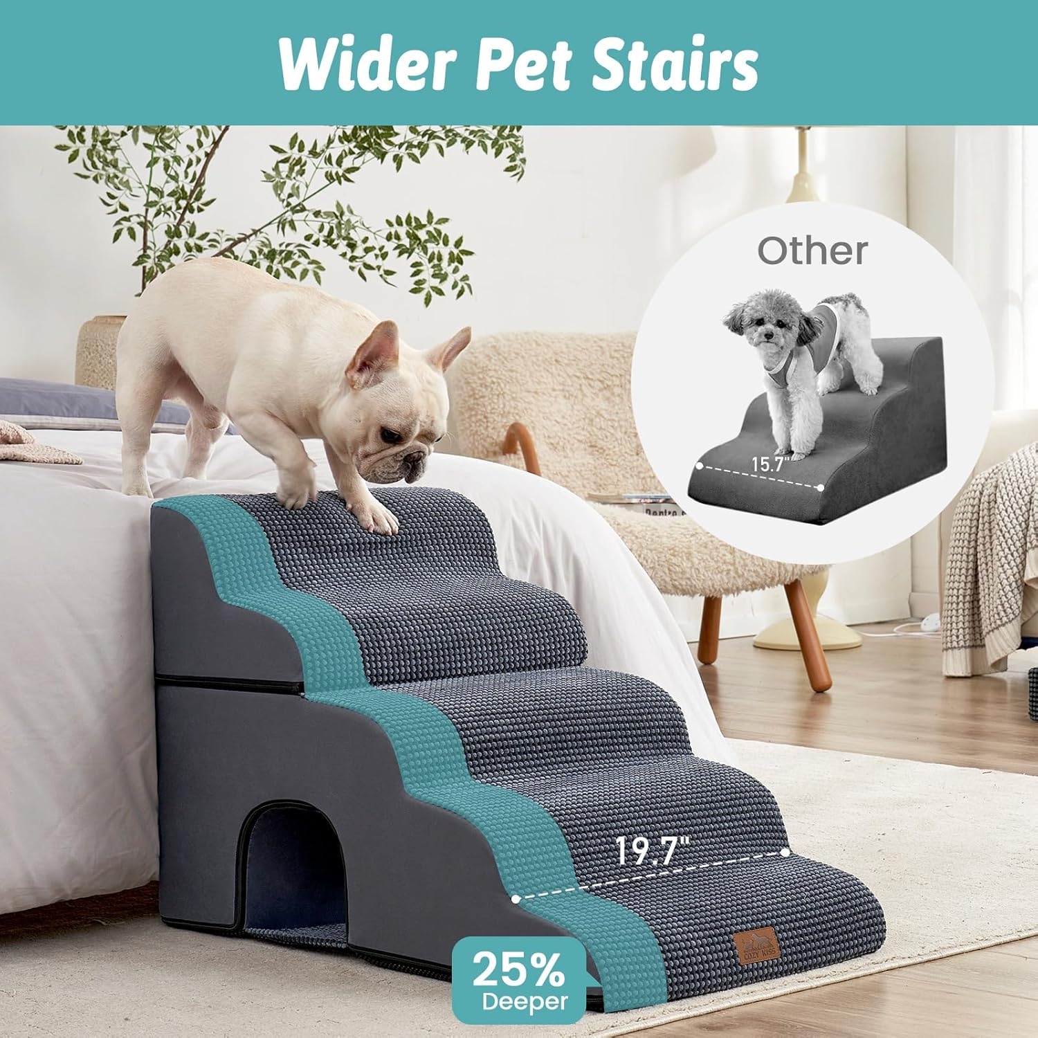 image:imageCOZY KISS Extra Wide Dog Stairs with Tunnel Detachable Large Pet Step for Small Medium Dog Puppy or Cat Ramp for High Bed Couch Sofa or Car Stable 197x33x224 inch 5 Step BlackCharcoal Grey