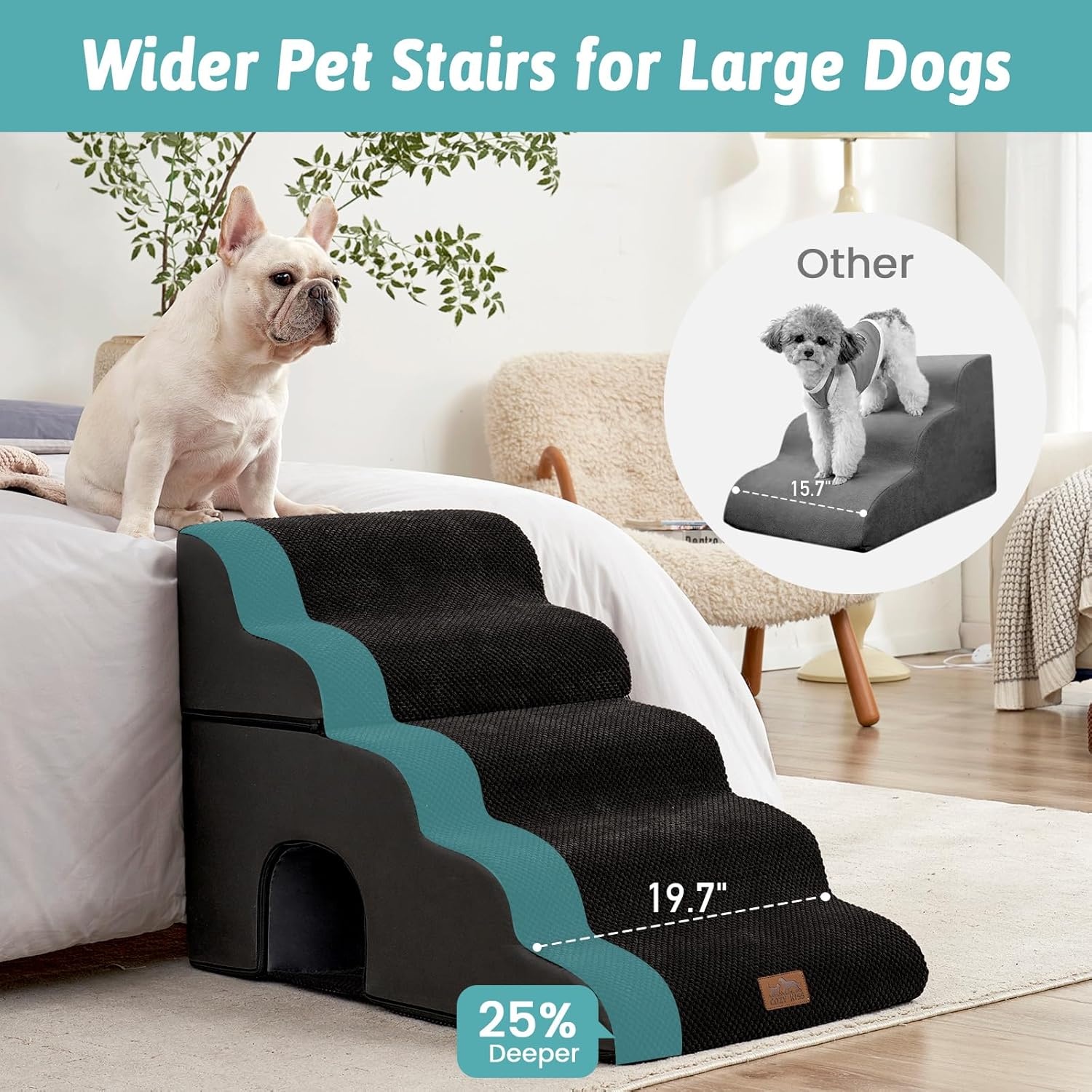 image:imageCOZY KISS Extra Wide Dog Stairs with Tunnel Detachable Large Pet Step for Small Medium Dog Puppy or Cat Ramp for High Bed Couch Sofa or Car Stable 197x33x224 inch 5 Step BlackBlack