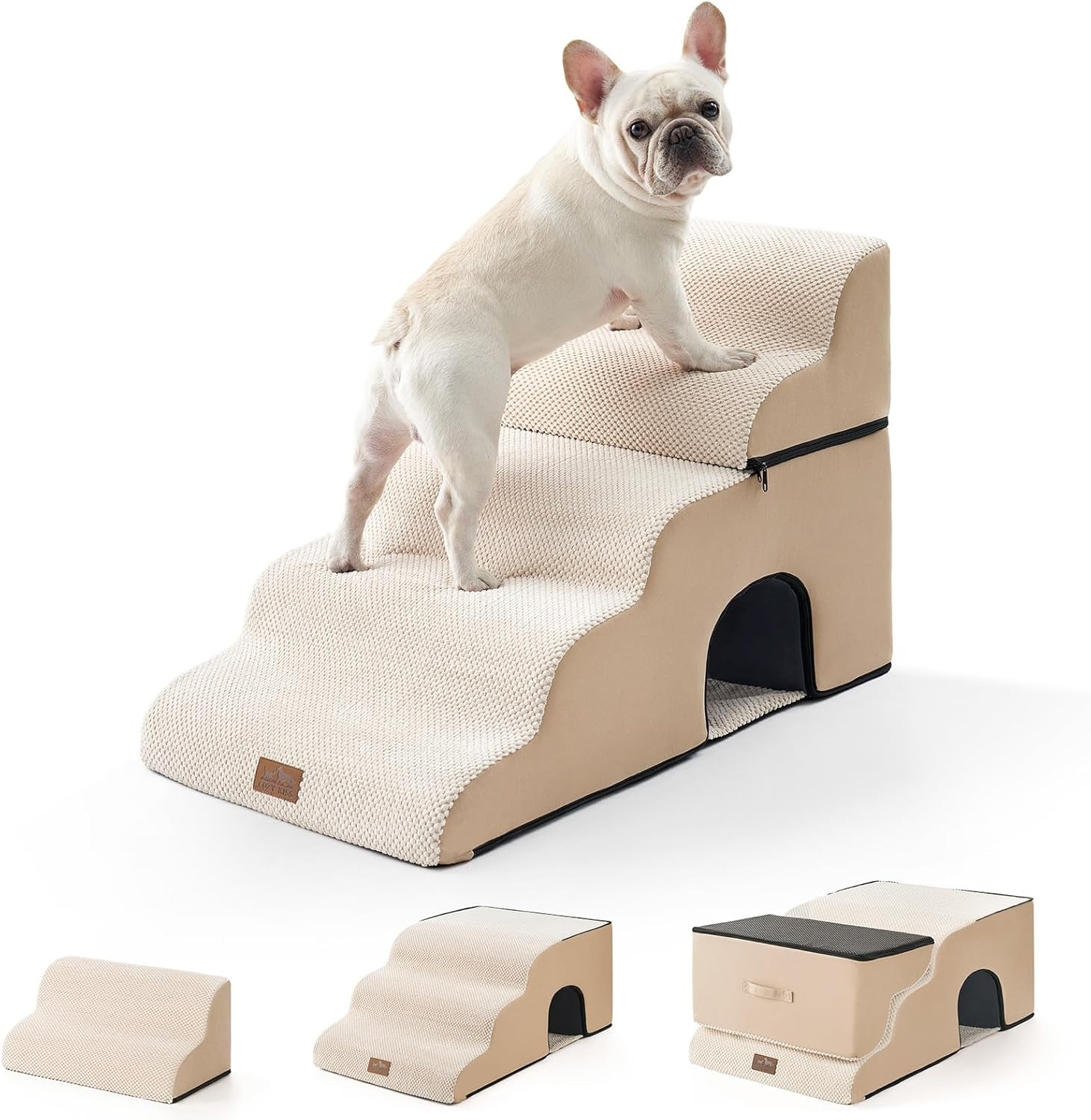 image:imageCOZY KISS Extra Wide Dog Stairs with Tunnel Detachable Large Pet Step for Small Medium Dog Puppy or Cat Ramp for High Bed Couch Sofa or Car Stable 197x33x224 inch 5 Step BlackBeige
