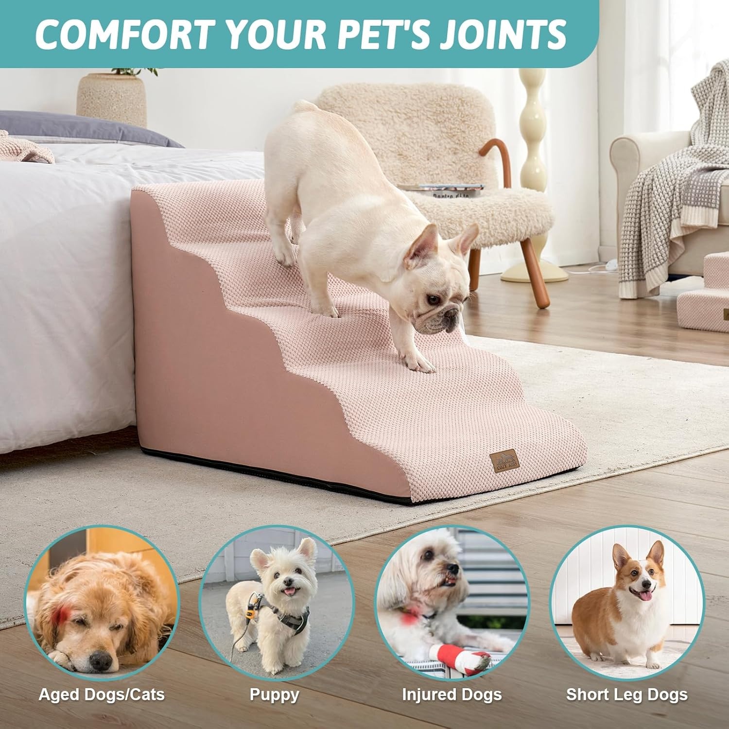 image:imageCOZY KISS Extra Wide Dog Stairs with Tunnel Detachable Large Pet Step for Small Medium Dog Puppy or Cat Ramp for High Bed Couch Sofa or Car Stable 197x33x224 inch 5 Step BlackPink