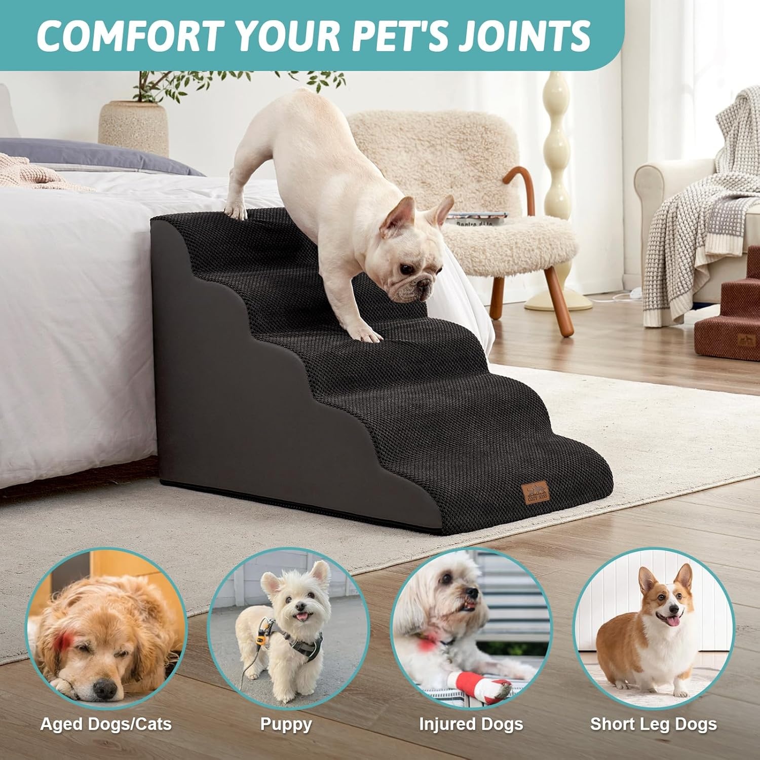 image:imageCOZY KISS Extra Wide Dog Stairs with Tunnel Detachable Large Pet Step for Small Medium Dog Puppy or Cat Ramp for High Bed Couch Sofa or Car Stable 197x33x224 inch 5 Step BlackBlack