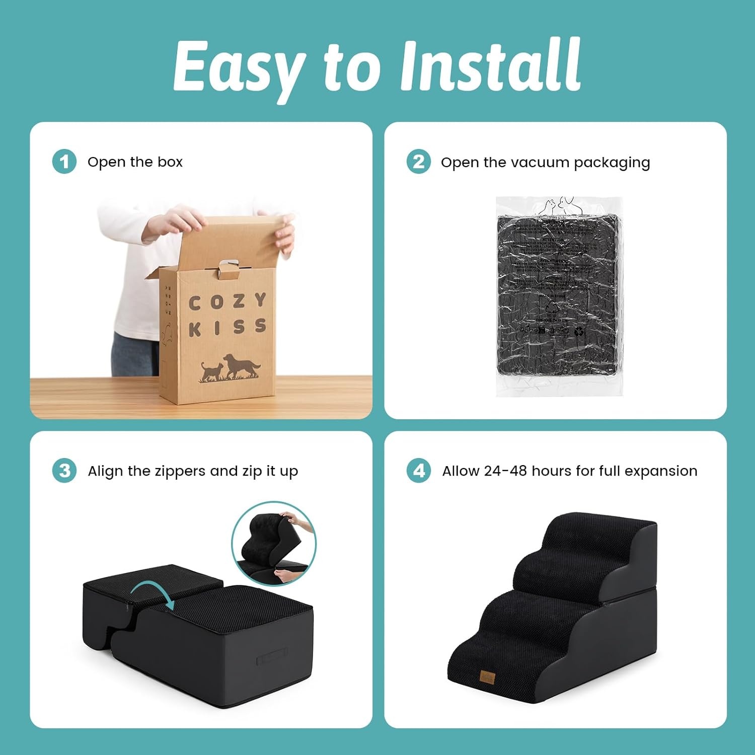 image:imageCOZY KISS Extra Wide Dog Stairs with Tunnel Detachable Large Pet Step for Small Medium Dog Puppy or Cat Ramp for High Bed Couch Sofa or Car Stable 197x33x224 inch 5 Step BlackBlack