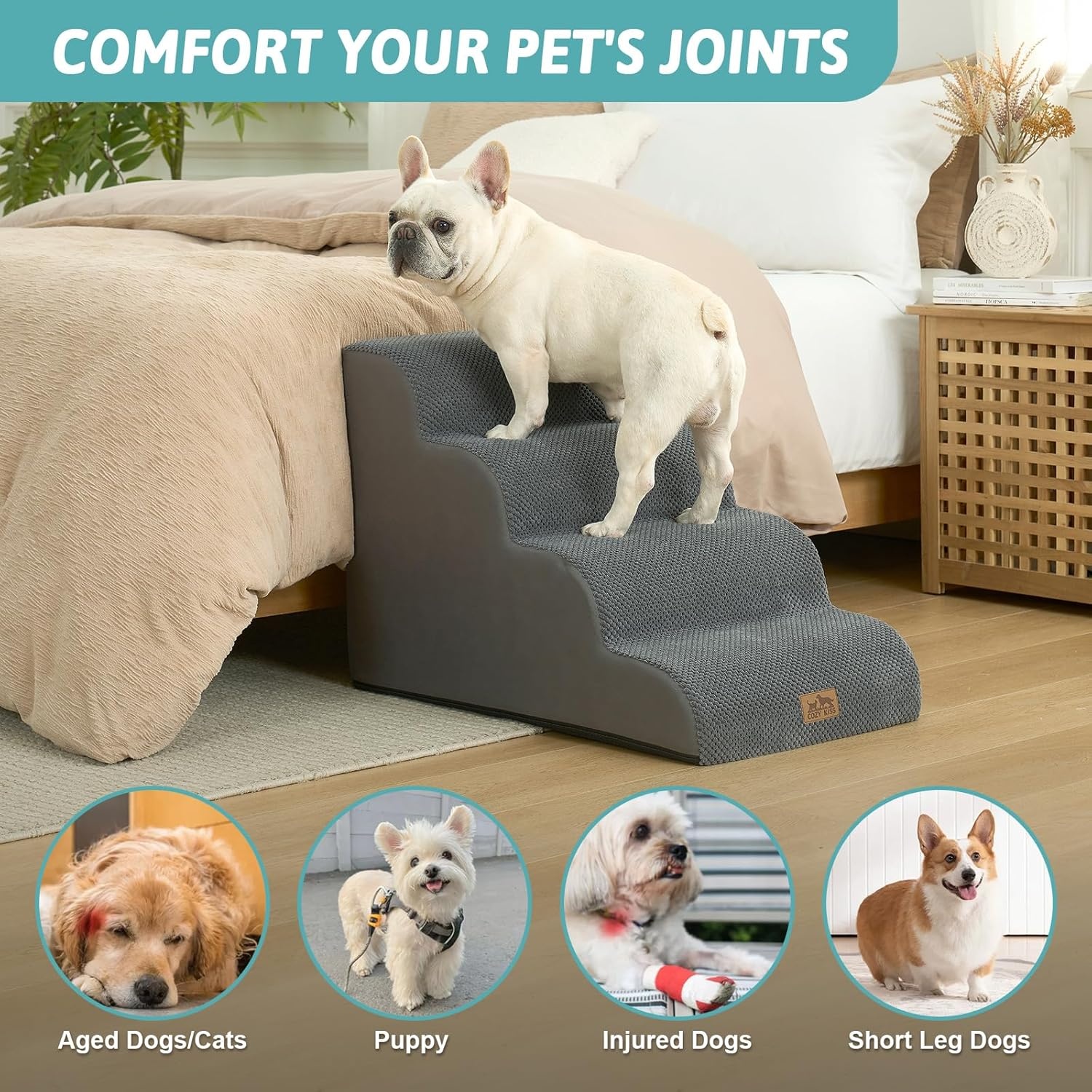 image:imageCOZY KISS Extra Wide Dog Stairs with Tunnel Detachable Large Pet Step for Small Medium Dog Puppy or Cat Ramp for High Bed Couch Sofa or Car Stable 197x33x224 inch 5 Step BlackDark Grey