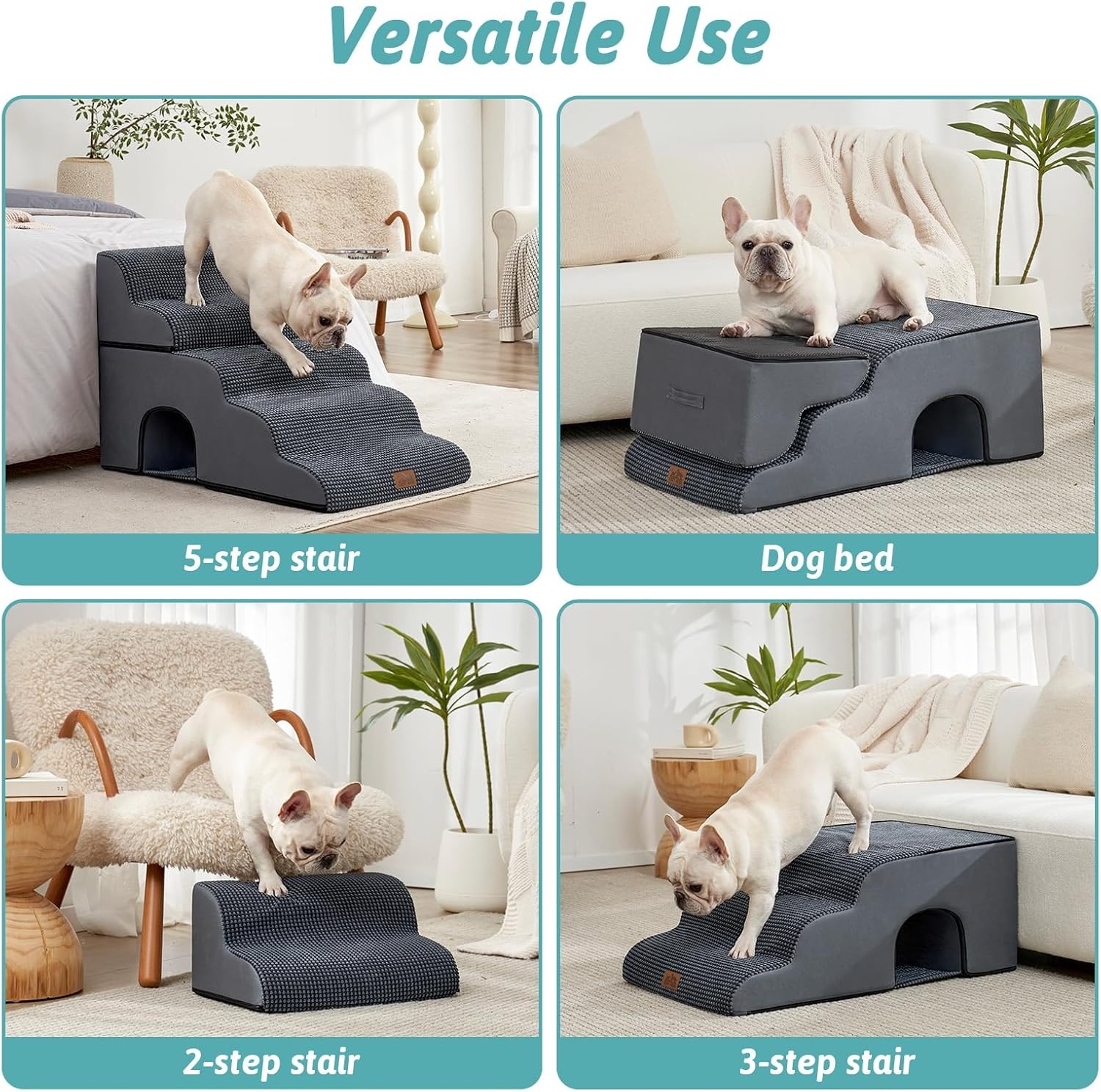 image:imageCOZY KISS Extra Wide Dog Stairs with Tunnel Detachable Large Pet Step for Small Medium Dog Puppy or Cat Ramp for High Bed Couch Sofa or Car Stable 197x33x224 inch 5 Step BlackCharcoal Grey