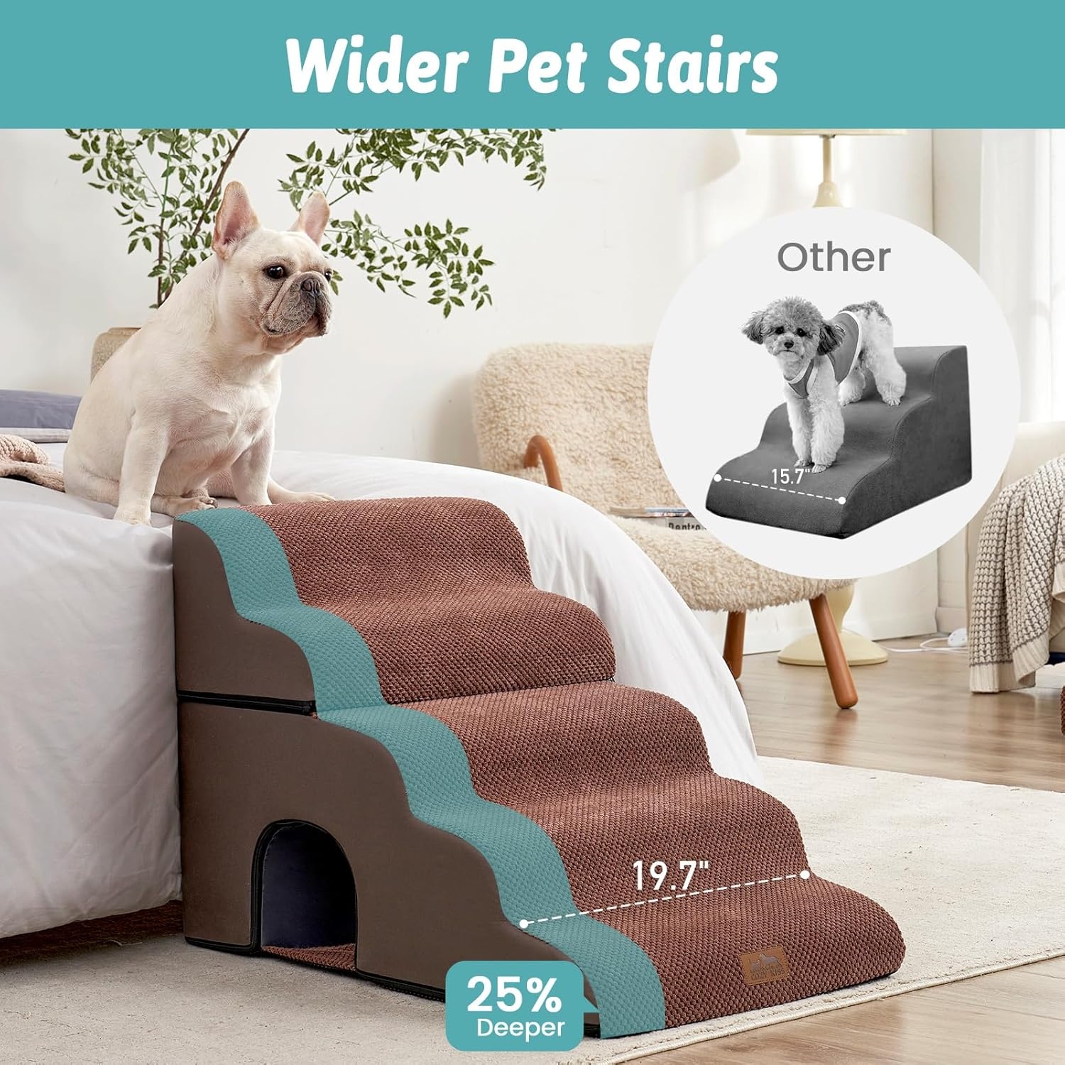 image:imageCOZY KISS Extra Wide Dog Stairs with Tunnel Detachable Large Pet Step for Small Medium Dog Puppy or Cat Ramp for High Bed Couch Sofa or Car Stable 197x33x224 inch 5 Step BlackBrown