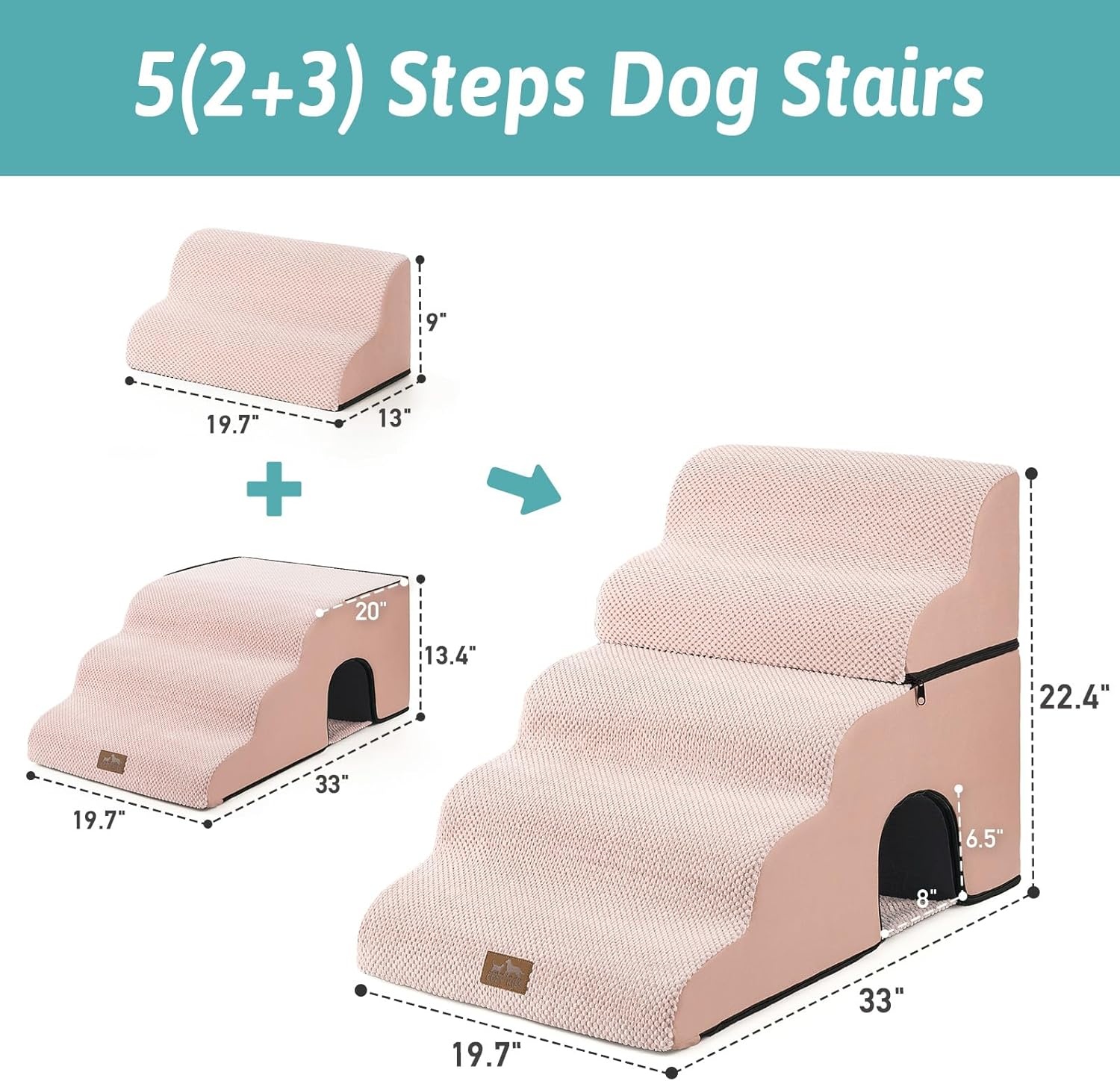 image:imageCOZY KISS Extra Wide Dog Stairs with Tunnel Detachable Large Pet Step for Small Medium Dog Puppy or Cat Ramp for High Bed Couch Sofa or Car Stable 197x33x224 inch 5 Step BlackPink
