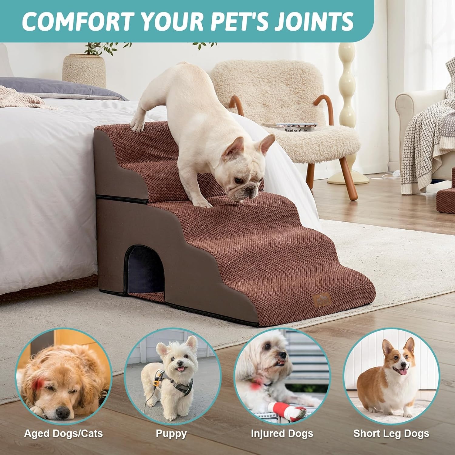 image:imageCOZY KISS Extra Wide Dog Stairs with Tunnel Detachable Large Pet Step for Small Medium Dog Puppy or Cat Ramp for High Bed Couch Sofa or Car Stable 197x33x224 inch 5 Step BlackBrown