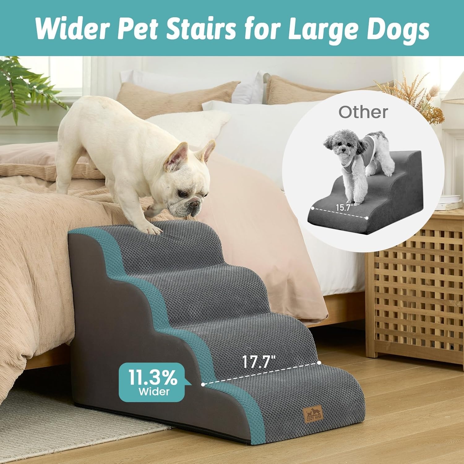 image:imageCOZY KISS Extra Wide Dog Stairs with Tunnel Detachable Large Pet Step for Small Medium Dog Puppy or Cat Ramp for High Bed Couch Sofa or Car Stable 197x33x224 inch 5 Step BlackDark Grey