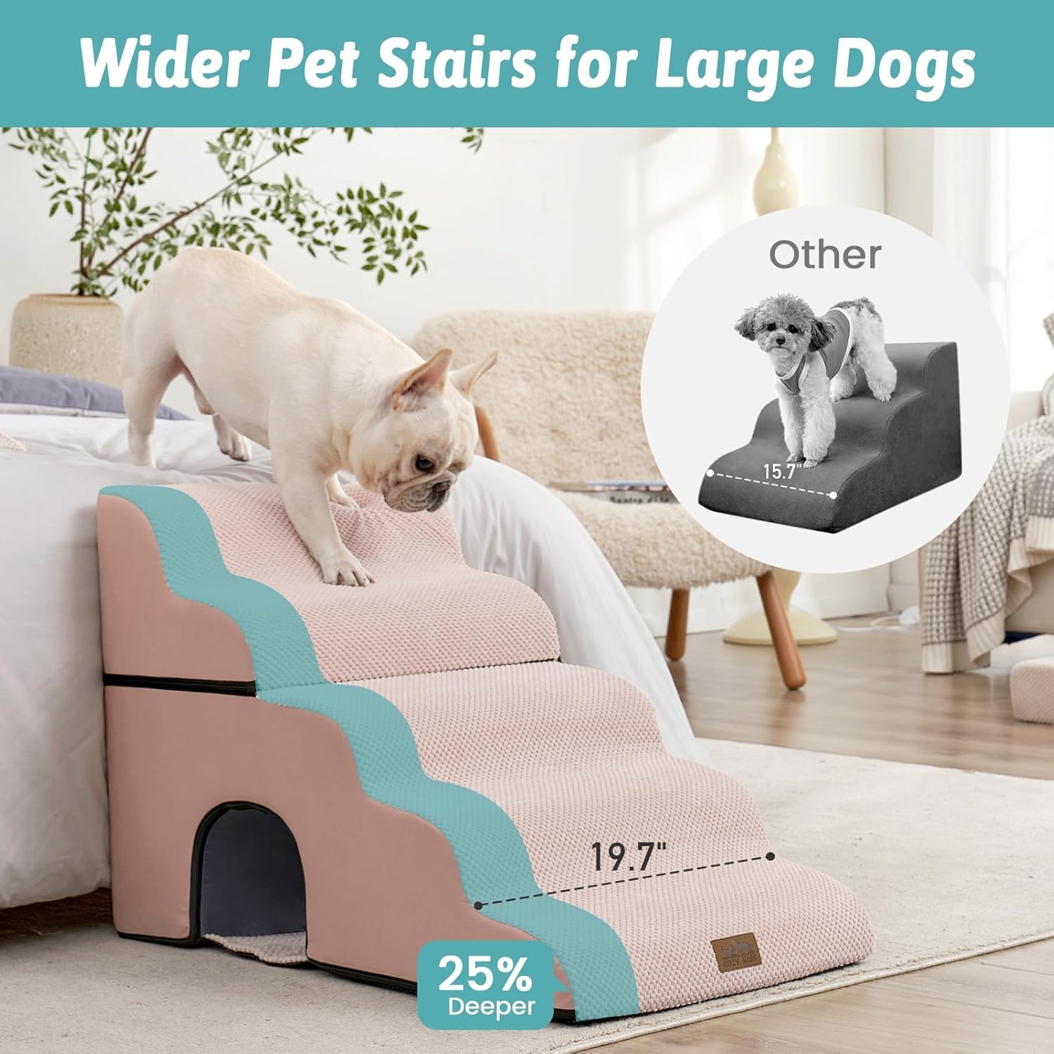 image:imageCOZY KISS Extra Wide Dog Stairs with Tunnel Detachable Large Pet Step for Small Medium Dog Puppy or Cat Ramp for High Bed Couch Sofa or Car Stable 197x33x224 inch 5 Step BlackPink
