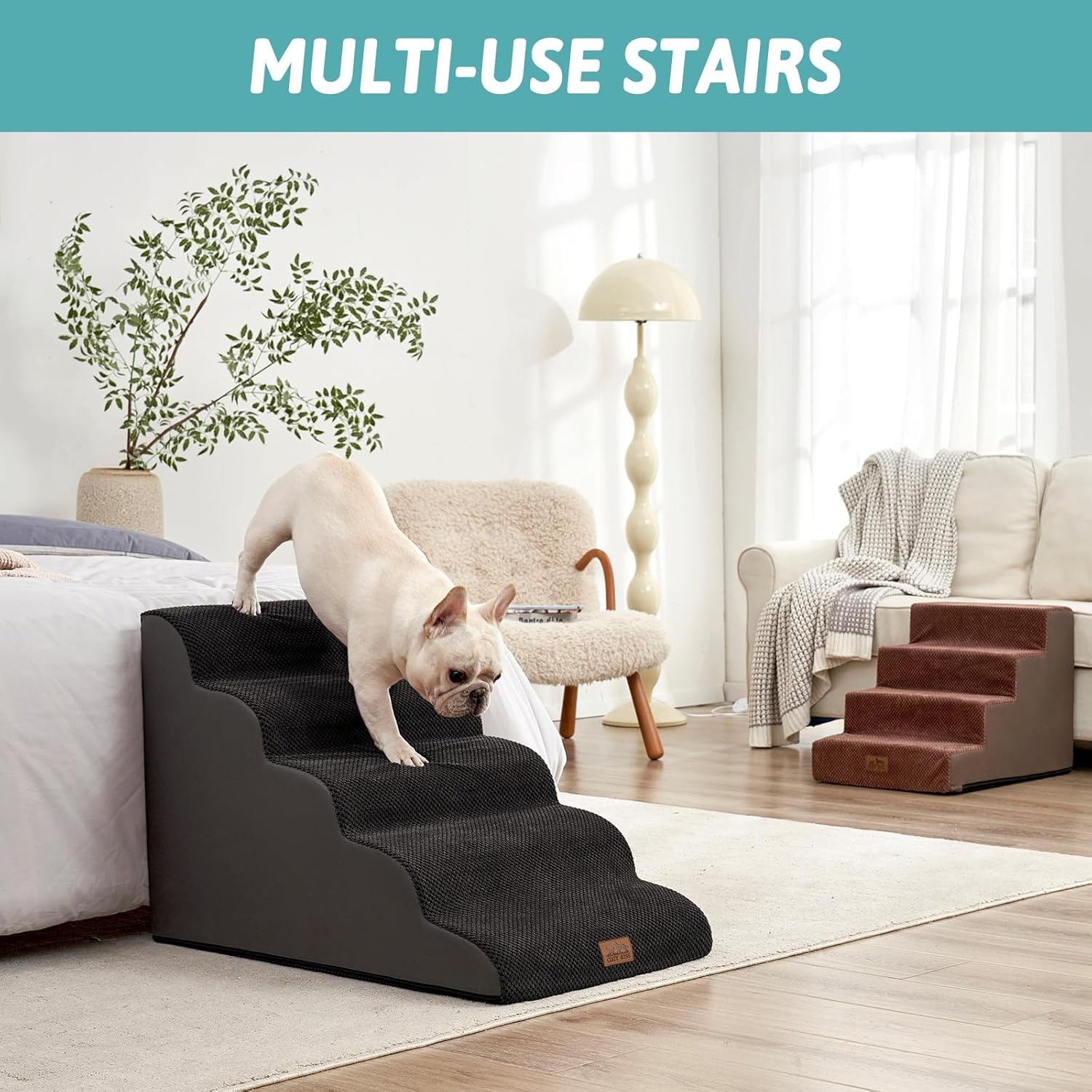 image:imageCOZY KISS Extra Wide Dog Stairs with Tunnel Detachable Large Pet Step for Small Medium Dog Puppy or Cat Ramp for High Bed Couch Sofa or Car Stable 197x33x224 inch 5 Step BlackBlack