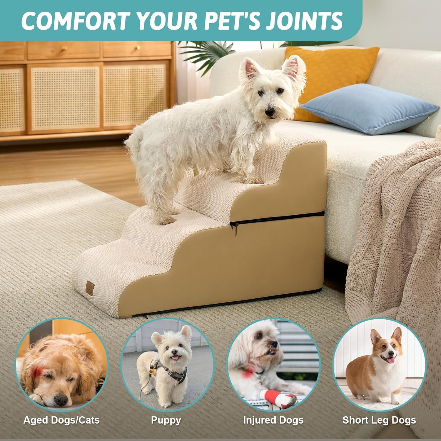 image:imageCOZY KISS Extra Wide Dog Stairs with Tunnel Detachable Large Pet Step for Small Medium Dog Puppy or Cat Ramp for High Bed Couch Sofa or Car Stable 197x33x224 inch 5 Step BlackBeige