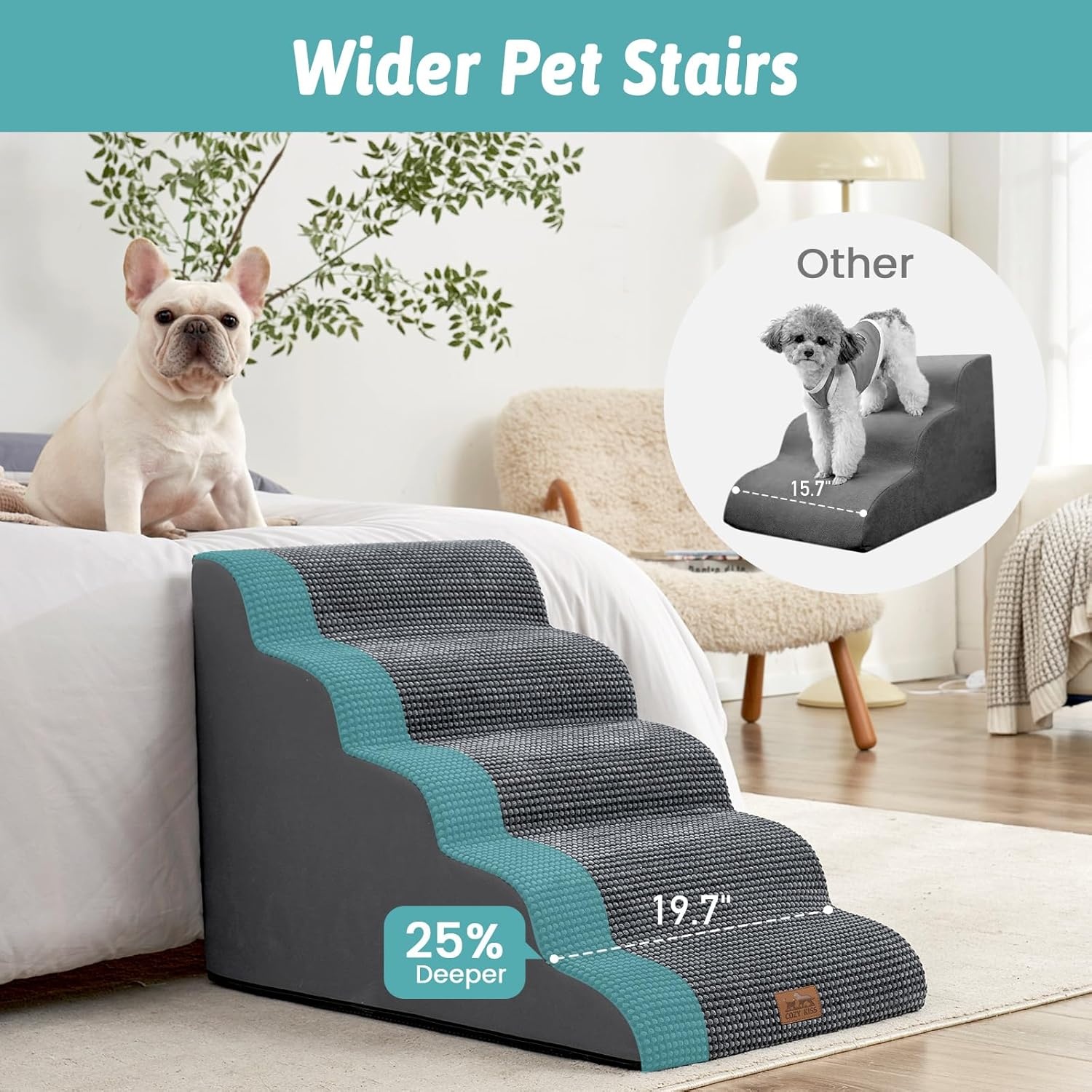 image:imageCOZY KISS Extra Wide Dog Stairs with Tunnel Detachable Large Pet Step for Small Medium Dog Puppy or Cat Ramp for High Bed Couch Sofa or Car Stable 197x33x224 inch 5 Step BlackCharcoal Grey