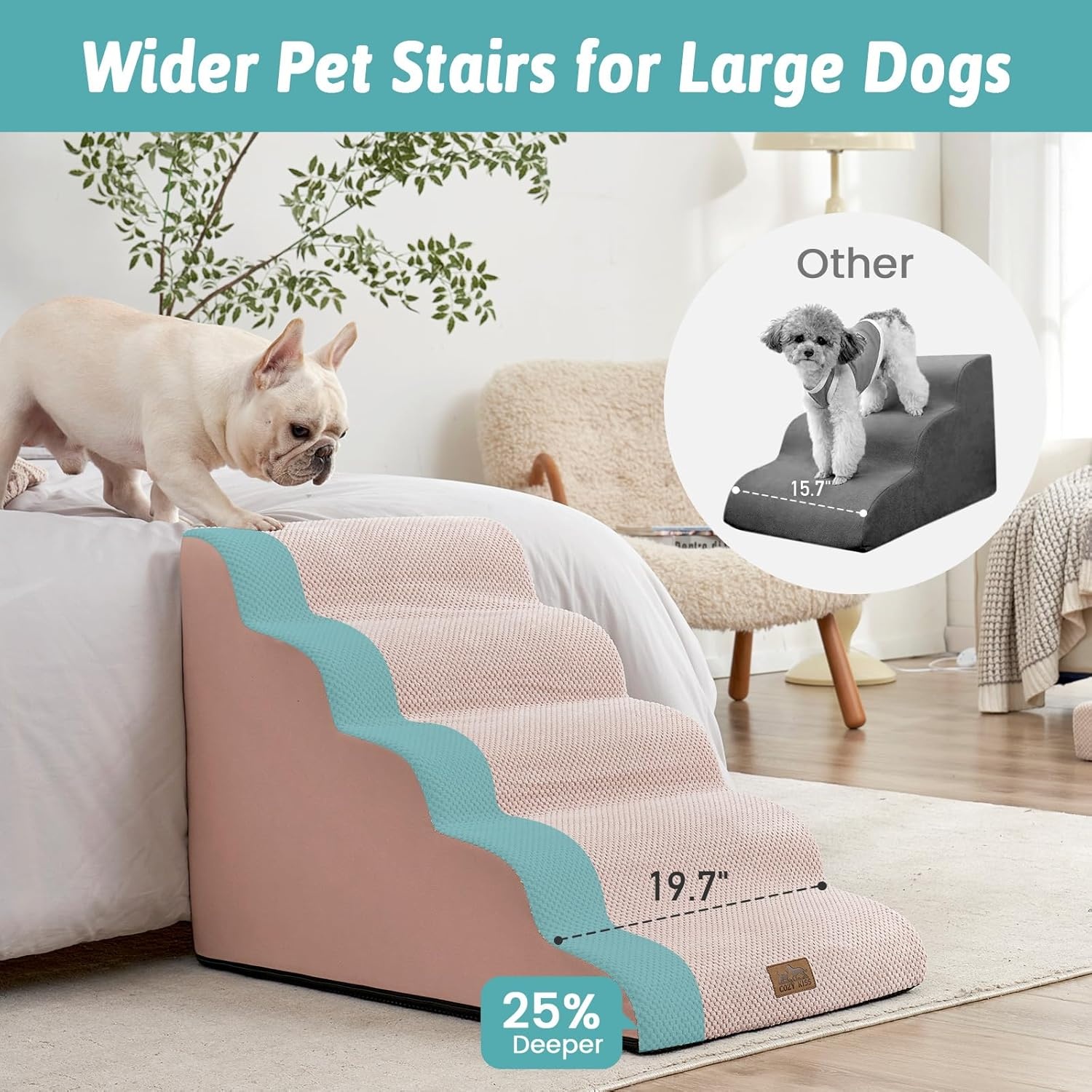 image:imageCOZY KISS Extra Wide Dog Stairs with Tunnel Detachable Large Pet Step for Small Medium Dog Puppy or Cat Ramp for High Bed Couch Sofa or Car Stable 197x33x224 inch 5 Step BlackPink