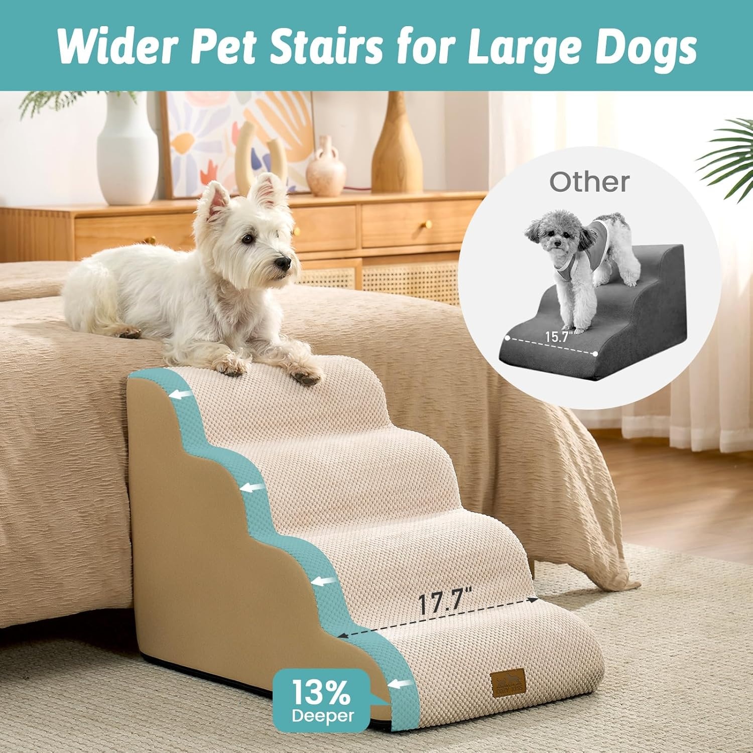 image:imageCOZY KISS Extra Wide Dog Stairs with Tunnel Detachable Large Pet Step for Small Medium Dog Puppy or Cat Ramp for High Bed Couch Sofa or Car Stable 197x33x224 inch 5 Step BlackBeige